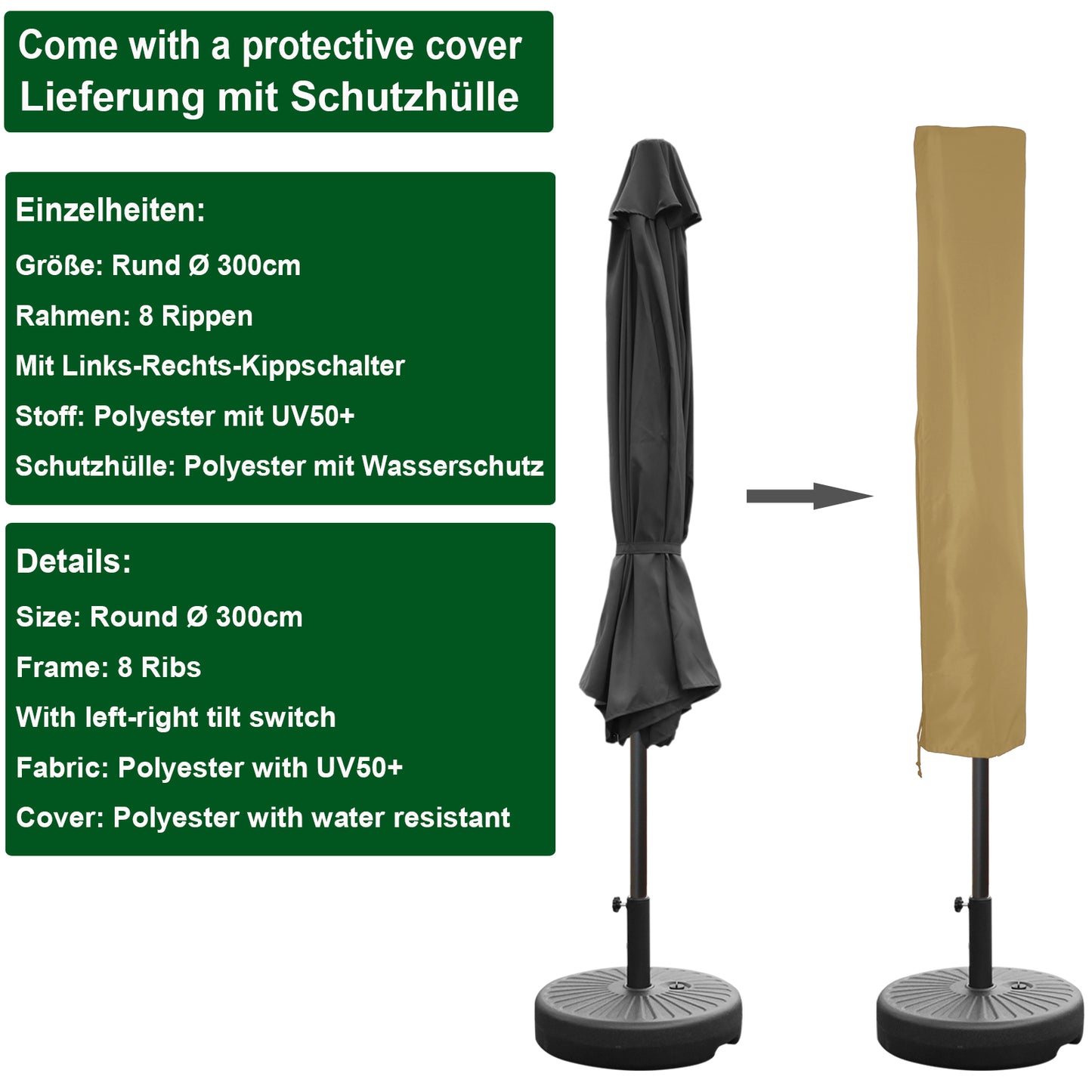 RANSENERS Sonnenschirm Ø 300 cm, Kippbarer Gartenschirm mit UV-Schutz UPF50+ (Grau)