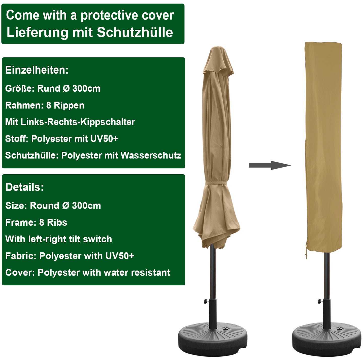RANSENERS Sonnenschirm Ø 300 cm mit Schirmständer, Kippbarer Gartenschirm mit UV-Schutz UPF50+ (Beige)