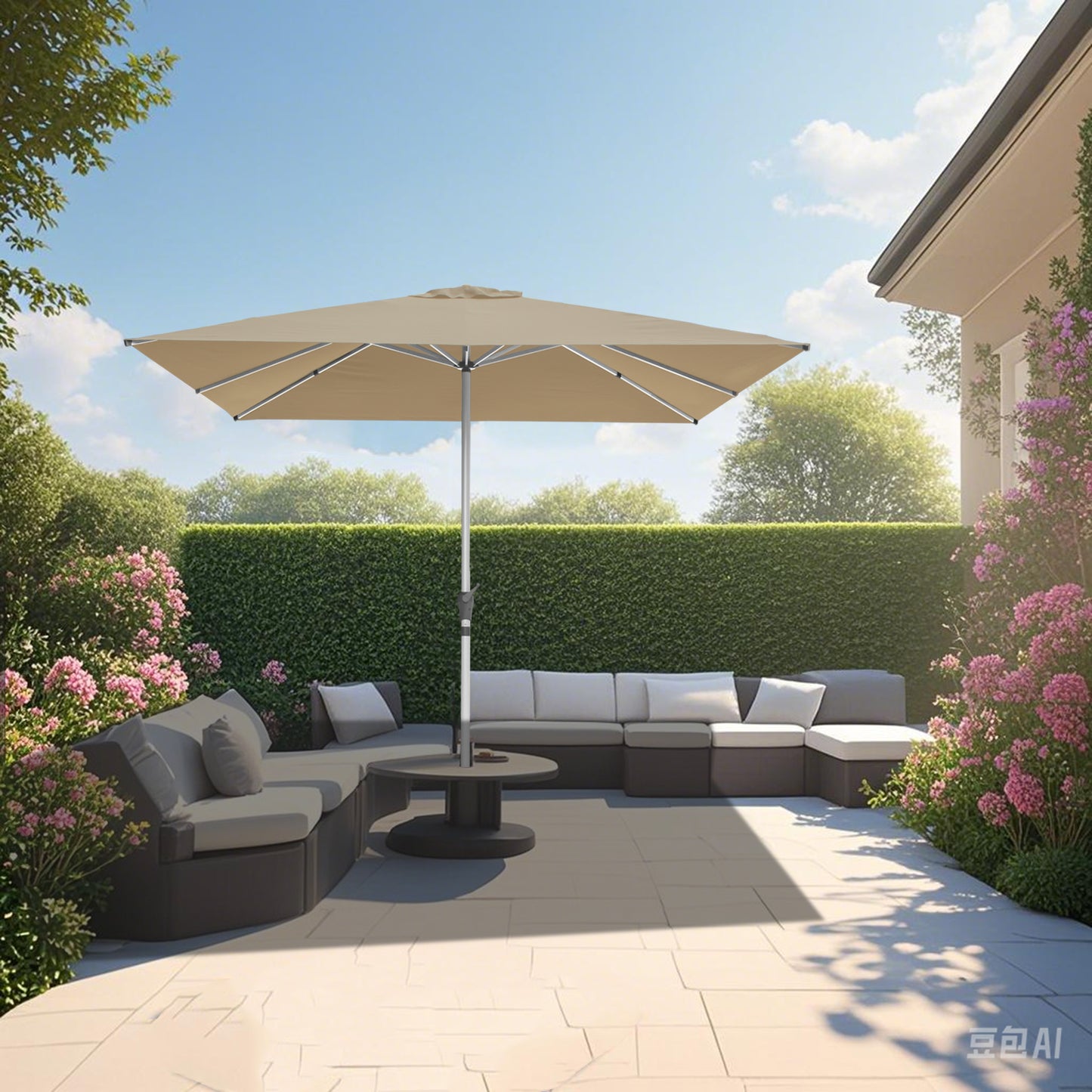 RANSENERS Premium Großer Sonnenschirm 300x300cm mit Kreuzständer - Gartenschirm mit Hochwertiger Rahmen und 8 Rippen - mit UV50+ Schutz (Beige)
