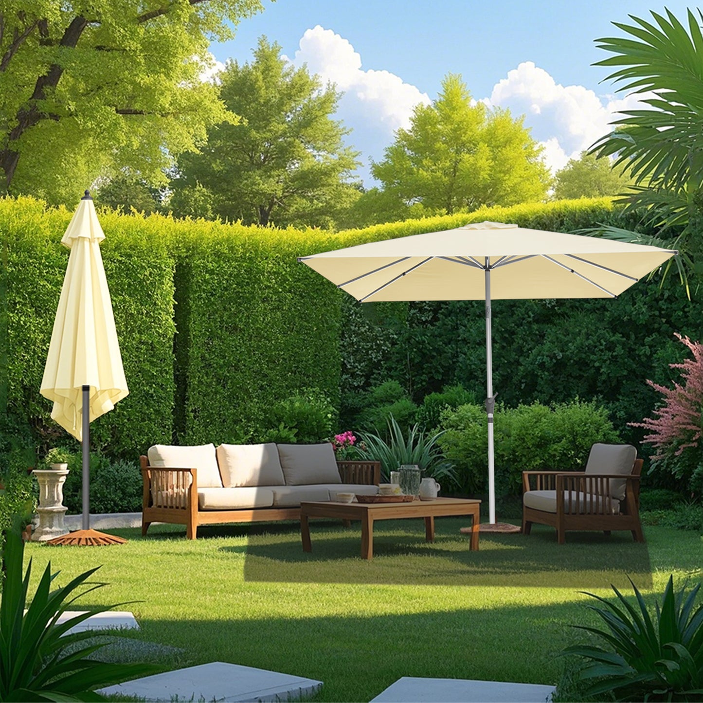 RANSENERS Kippbarer Sonnenschirm mit Schirmständer, Quadratisch 250 x 250 cm, Gartenschirm mit 8 Rippe, UV-Schutz UPF50+ (Creme)