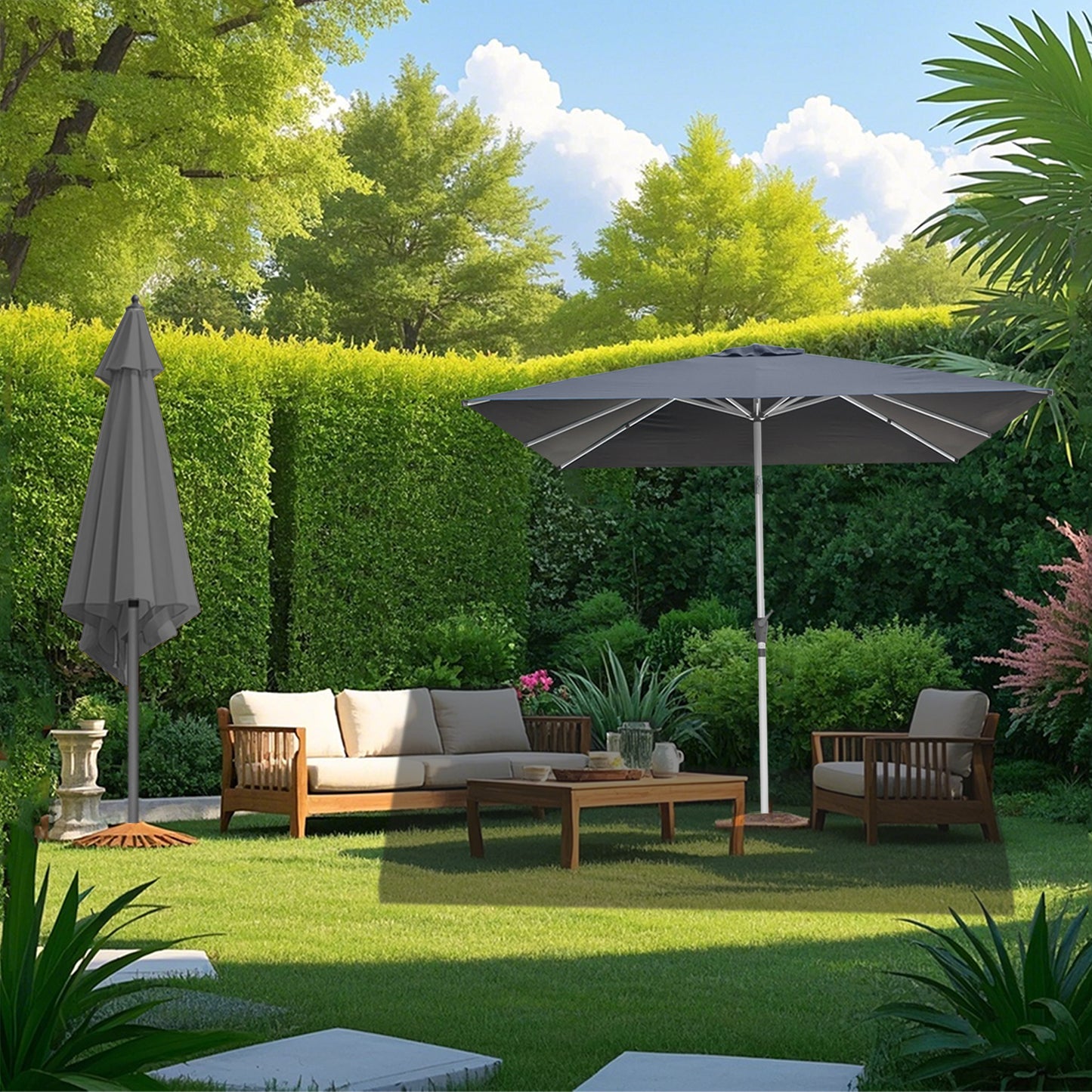 RANSENERS Kippbarer Sonnenschirm mit Schirmständer, Quadratisch 250 x 250 cm, Gartenschirm mit 8 Rippe, UV-Schutz UPF50+ (Grau)