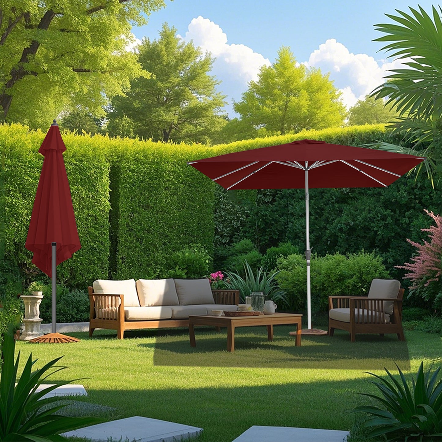 RANSENERS Kippbarer Sonnenschirm mit Kreuzfuß, Quadratisch 250 x 250 cm, Gartenschirm mit 8 Rippe, UV-Schutz UPF50+ (Rotwein)