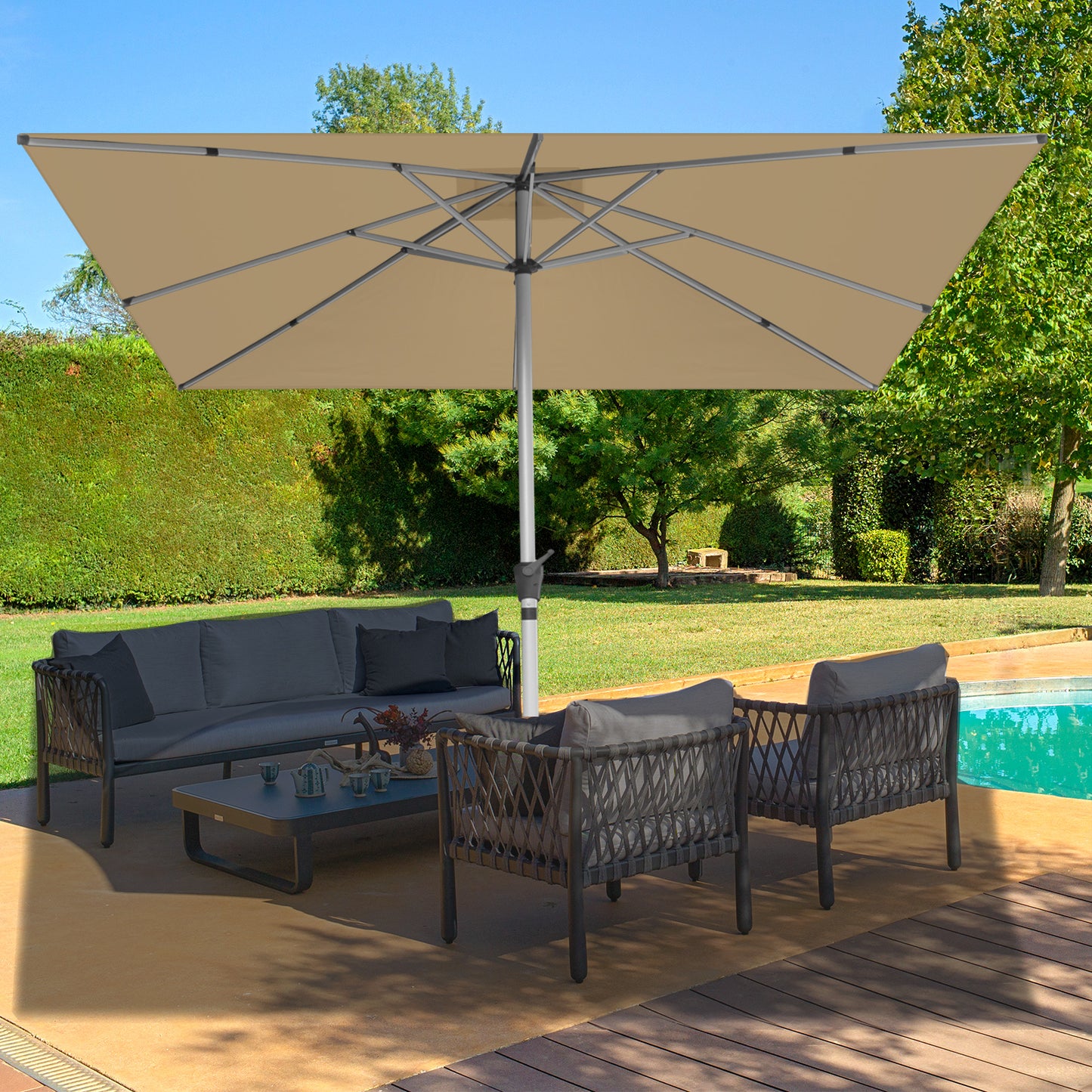 RANSENERS Premium Sonnenschirm mit Schirmständer, Quadratisch 300 x 300 cm Gartenschirm, UV-Schutz UPF50+ (Beige)