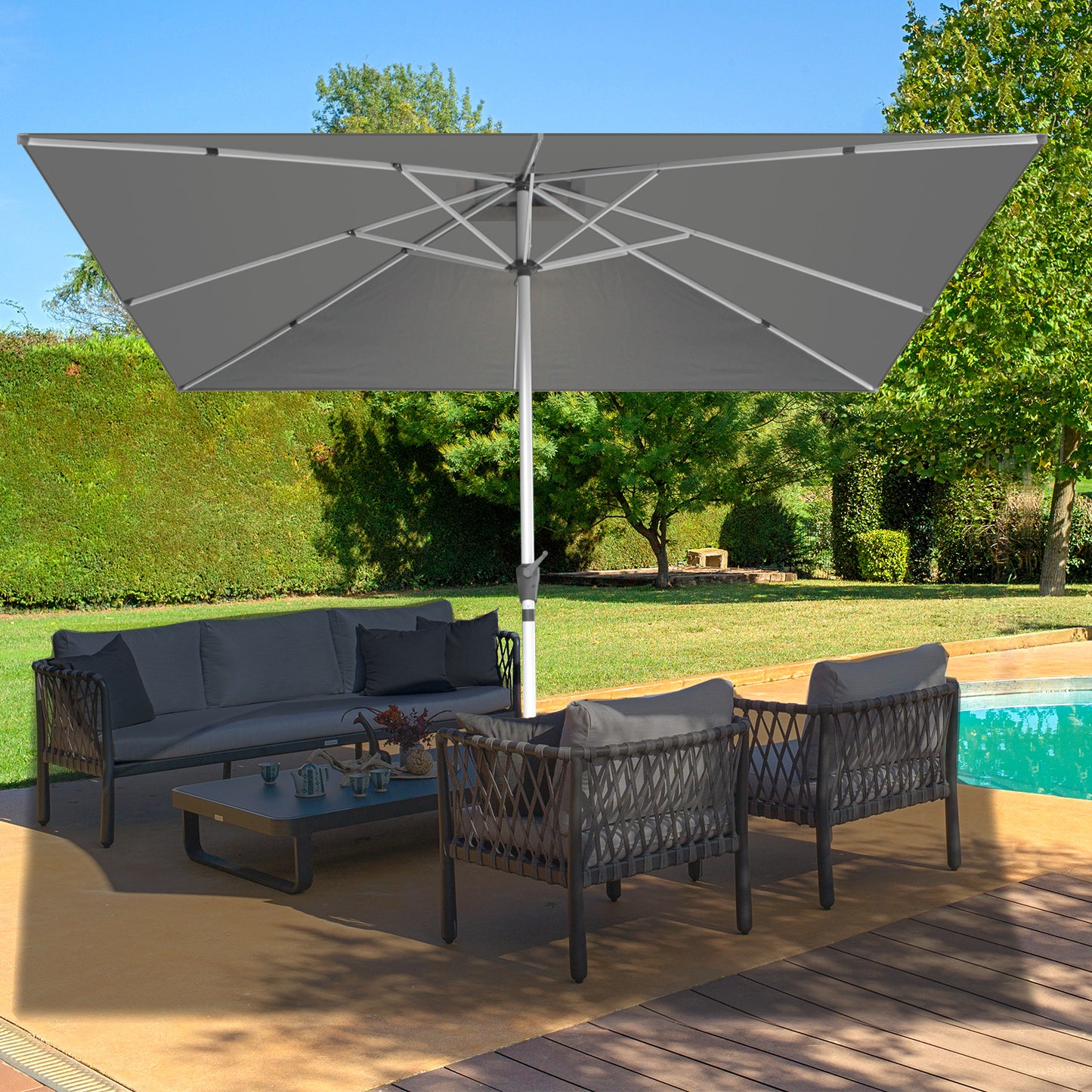 RANSENERS Premium Großer Sonnenschirm 300x300cm mit Kreuzständer - Gartenschirm mit Hochwertiger Rahmen und 8 Rippen - mit UV50+ Schutz (Grau)