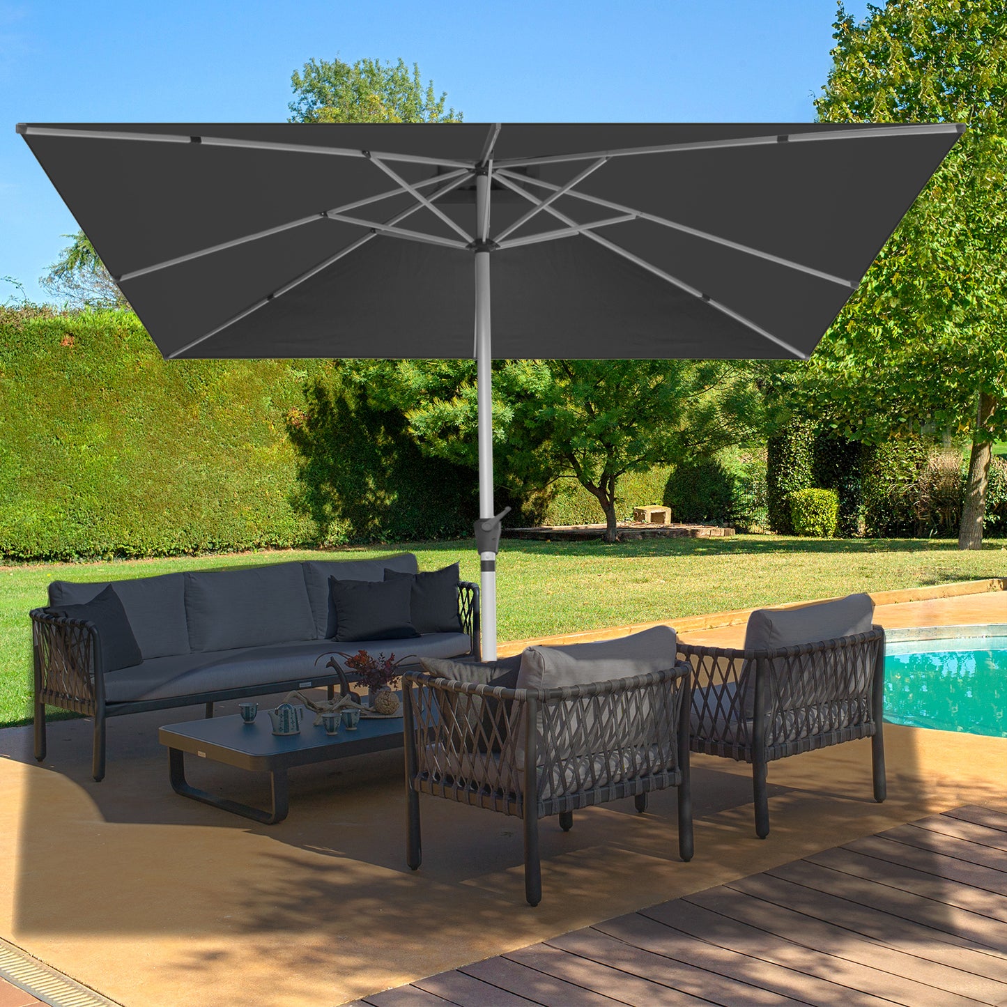 RANSENERS Premium Sonnenschirm mit Schirmständer, Quadratisch 300 x 300 cm Gartenschirm, UV-Schutz UPF50+ (Grau)