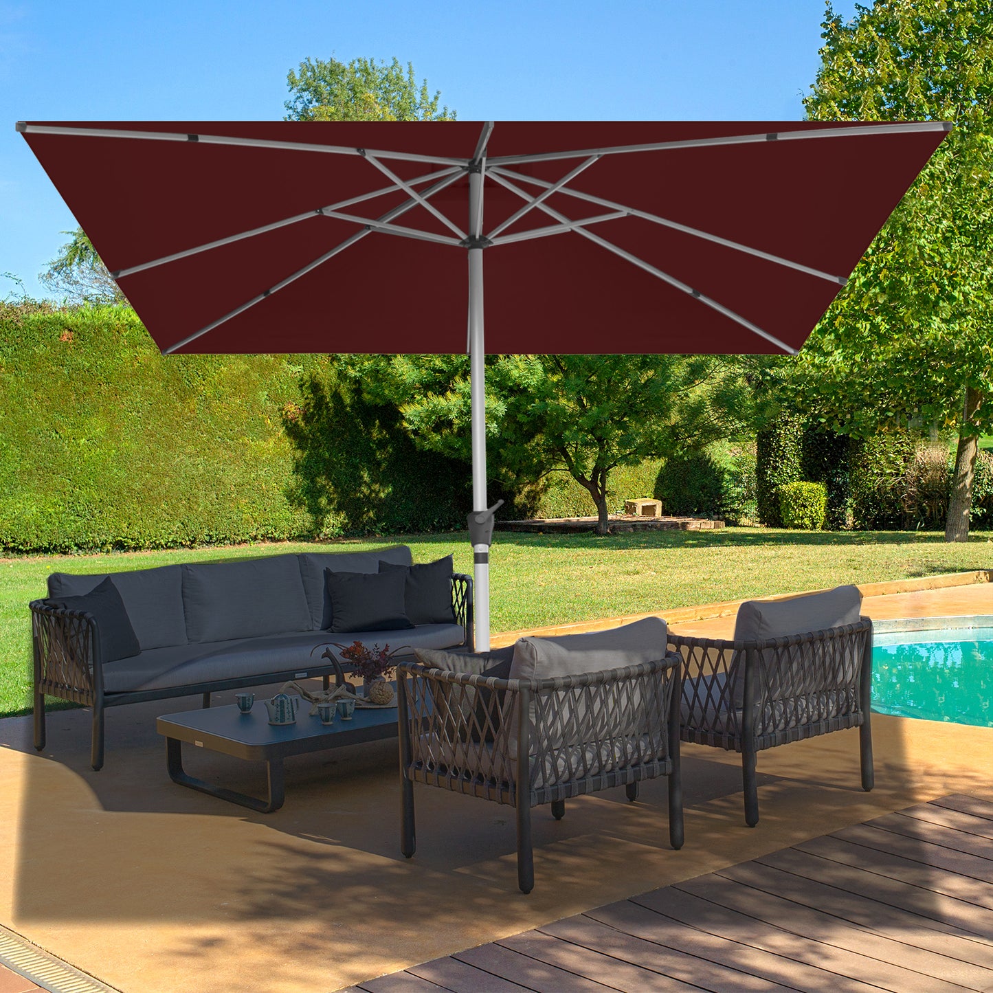 RANSENERS Premium Sonnenschirm mit Schirmständer, Quadratisch 300 x 300 cm Gartenschirm, UV-Schutz UPF50+ (Rotwein)