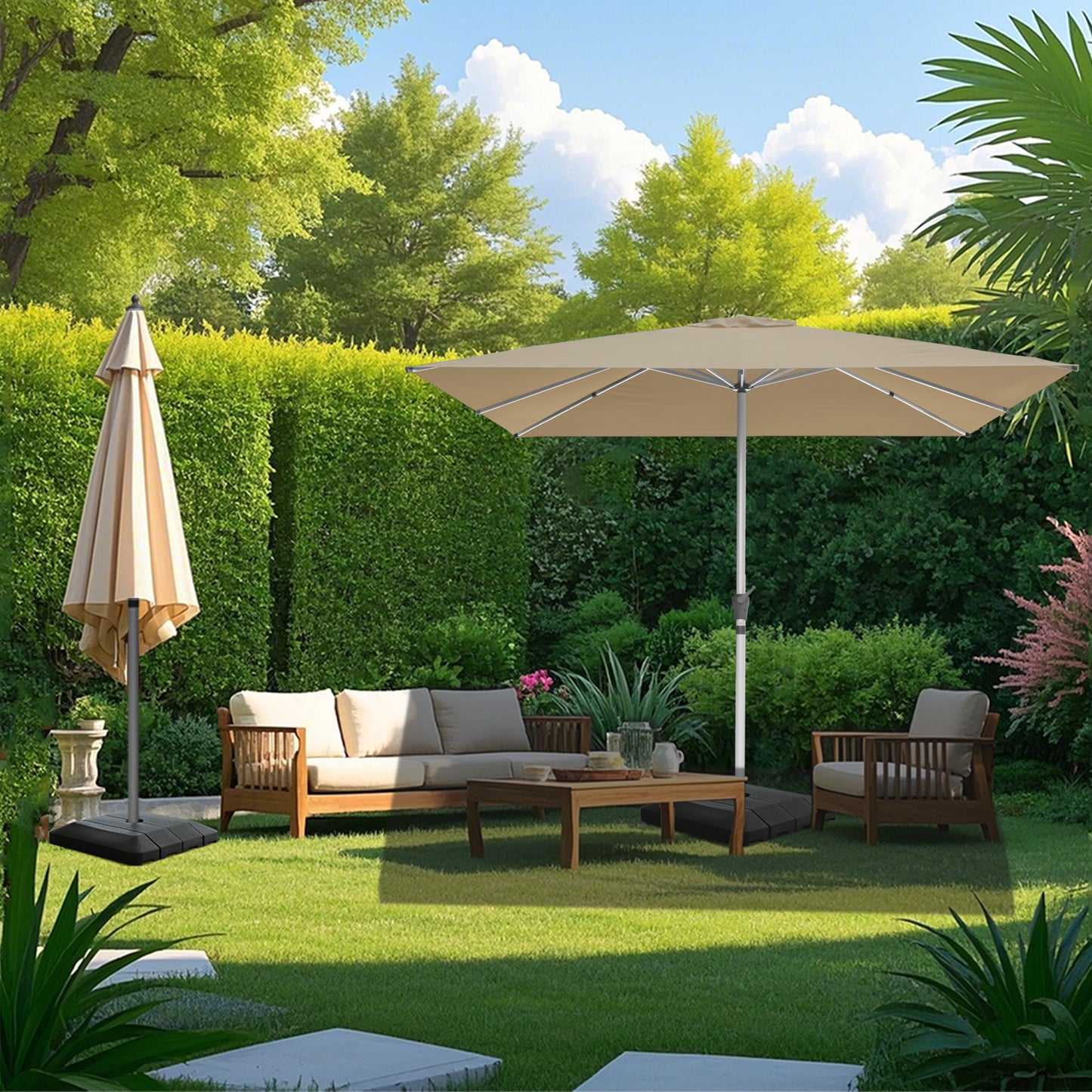 RANSENERS Premium Sonnenschirm mit Kreuzfuß, Quadratisch 300 x 300 cm Gartenschirm, UV-Schutz UPF50+ (Beige)