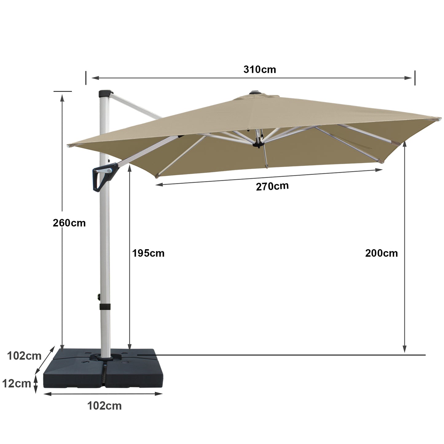 RANSENERS Premium Ampelschirm mit Schirmständer, Quadratisch 270 x 270 cm, mit 360° Drehbar, UV-Schutz UPF50+ (Beige)