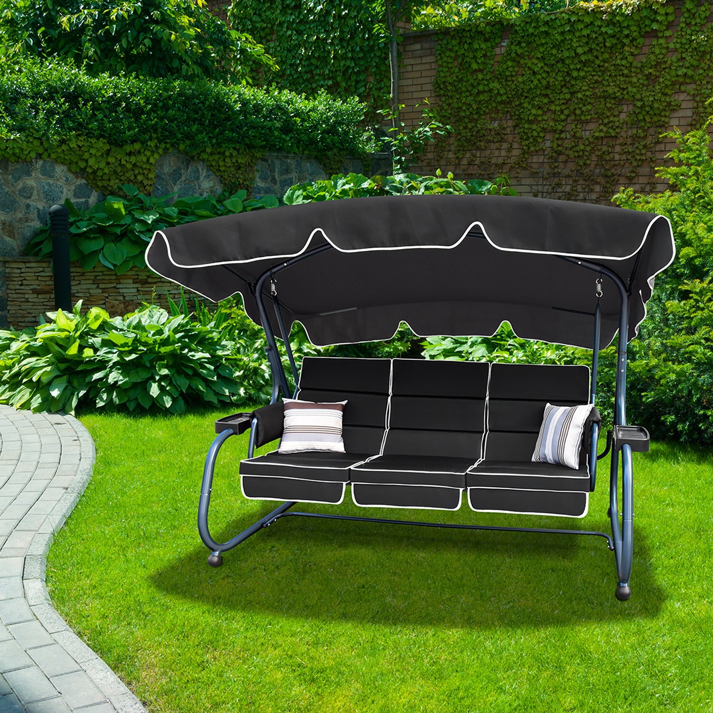 RANSENER Luxus 3-Sitzer Hollywookschaukel mit Liegefunktion und Verstellbarem Sonnendach, Premium Gartenschaukel Entspannung pur im Garten und Terrasse