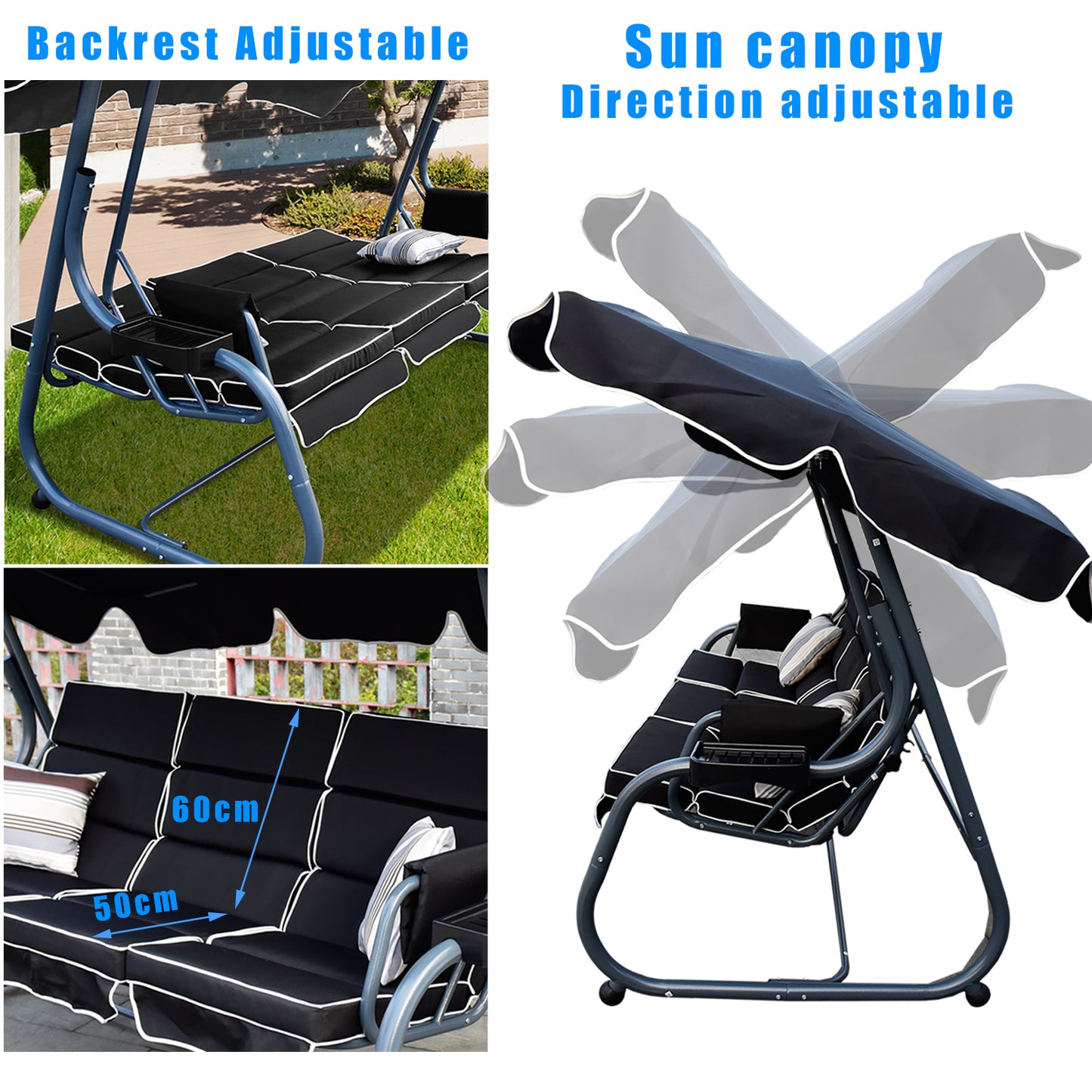 RANSENER Luxus 3-Sitzer Hollywookschaukel mit Liegefunktion und Verstellbarem Sonnendach, Premium Gartenschaukel Entspannung pur im Garten und Terrasse