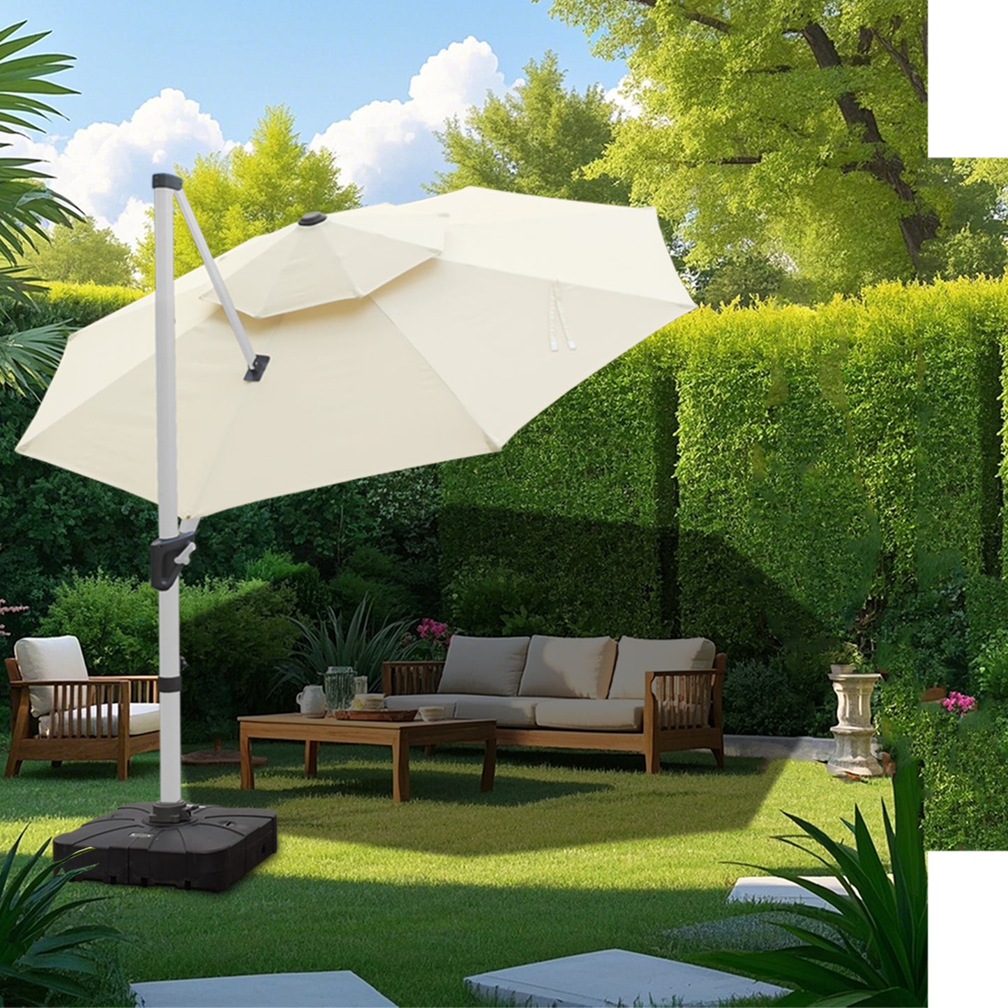 RANSENERS Premium Ampelschirm mit Kreuzfuß, Rund Ø 300cm, mit 360° Drehbar, UV-Schutz UPF50+ (Creme)