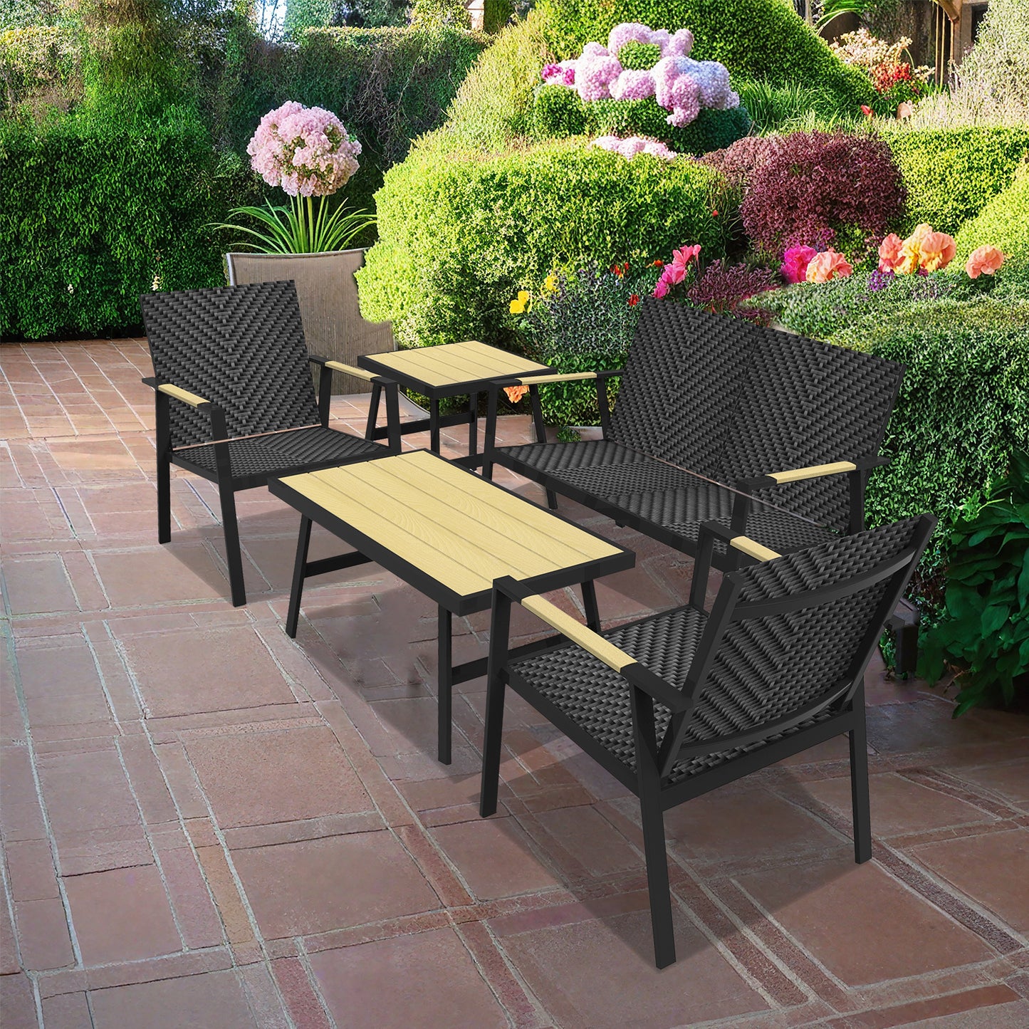 RANSENERS Premium 5tlg-Set Gartenmöbelset mit Vollemaluminium Rahmen und Polyrattan Sitzfläche für Garten Terrasse und Balkon (Schwarz)