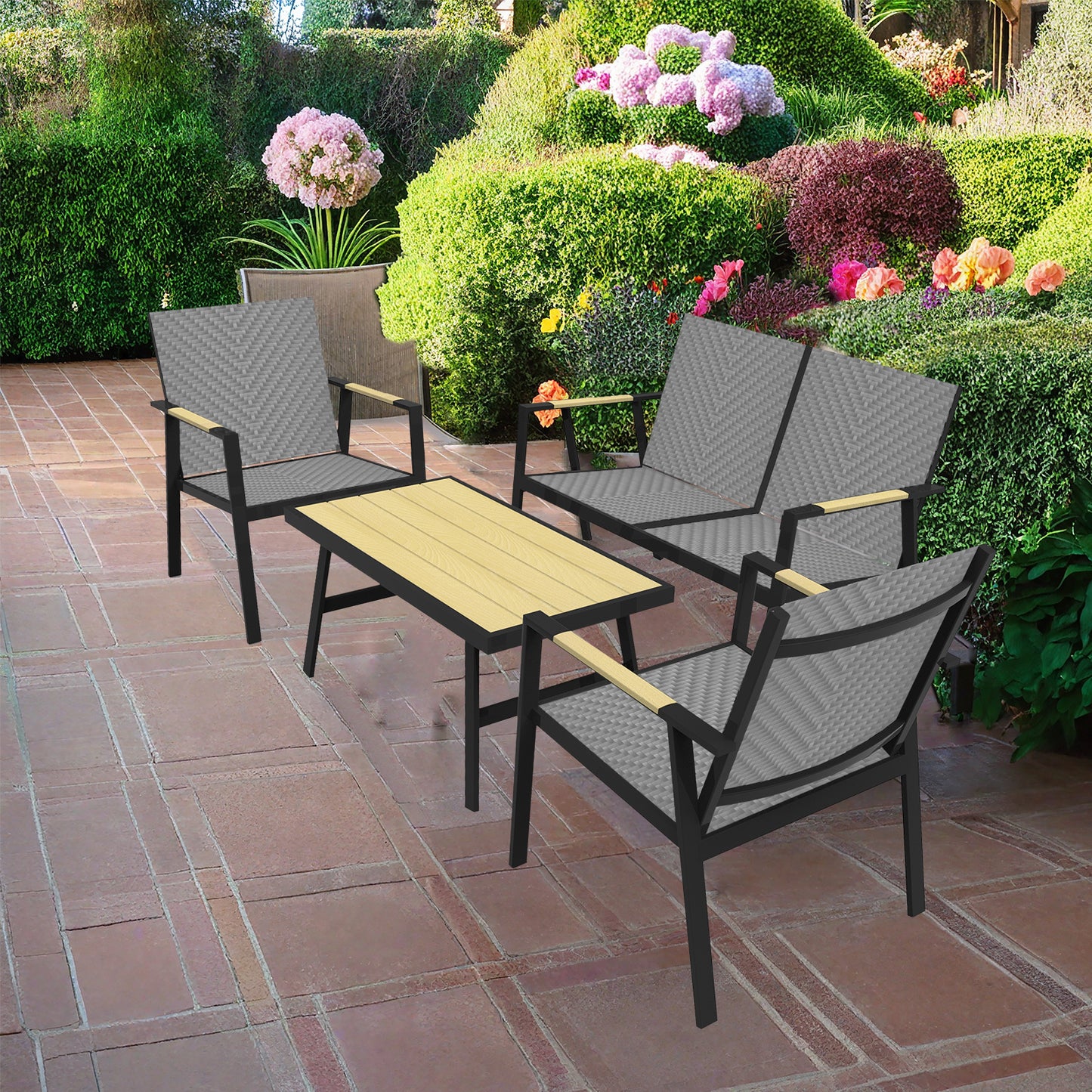 RANSENERS Premium 4tlg-Set Gartenmöbelset mit Vollemaluminium Rahmen und Polyrattan Sitzfläche für Garten Terrasse und Balkon (Grau)