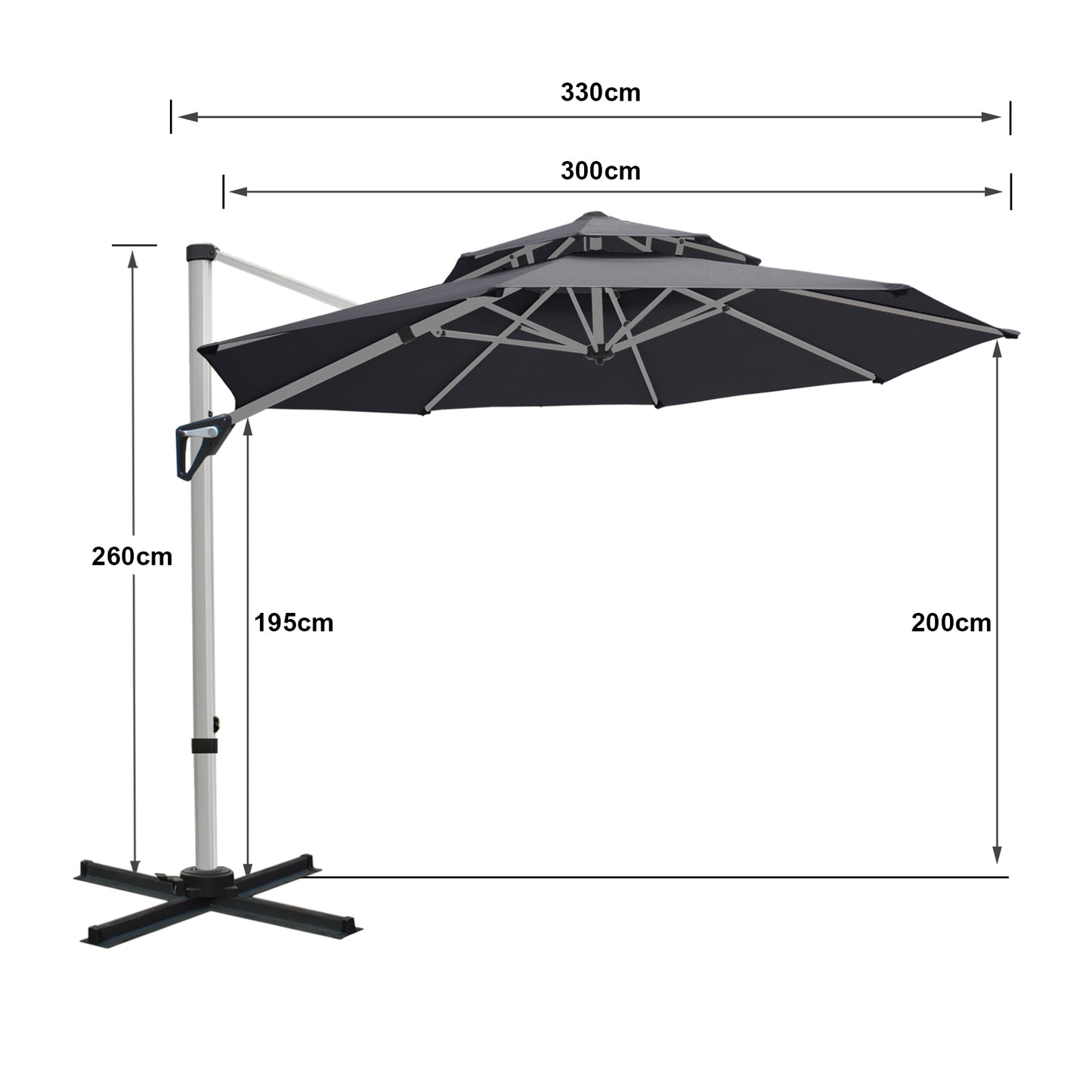 RANSENERS Premium Ampelschirm mit Kreuzfuß, Rund Ø 300cm, mit 360° Drehbar, UV-Schutz UPF50+ (Grau)