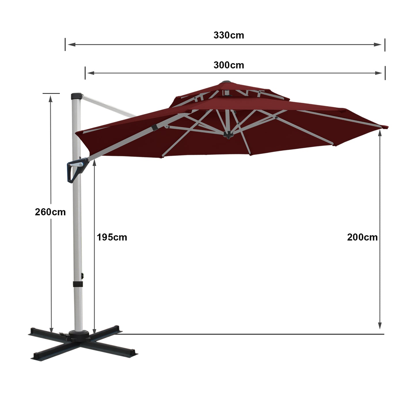RANSENERS Premium Ampelschirm mit Kreuzfuß, Rund Ø 300cm, mit 360° Drehbar, UV-Schutz UPF50+ (Rotwein)