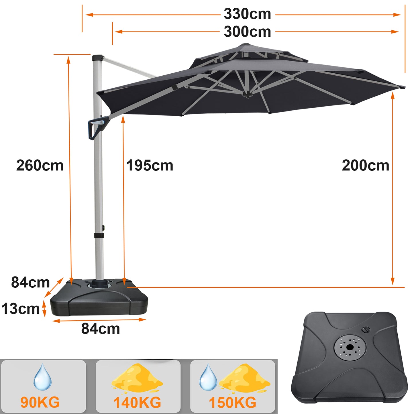 RANSENERS Ampelschirm 300 cm, mit Schirmständer, Doppelter Baldachin, Drehbar 360°, Neigbar 0°-90°, Aluminium Rahmen, Extra-Dicker Gewebe, UV50+, für Garten, Terrasse, Cafe im Freien