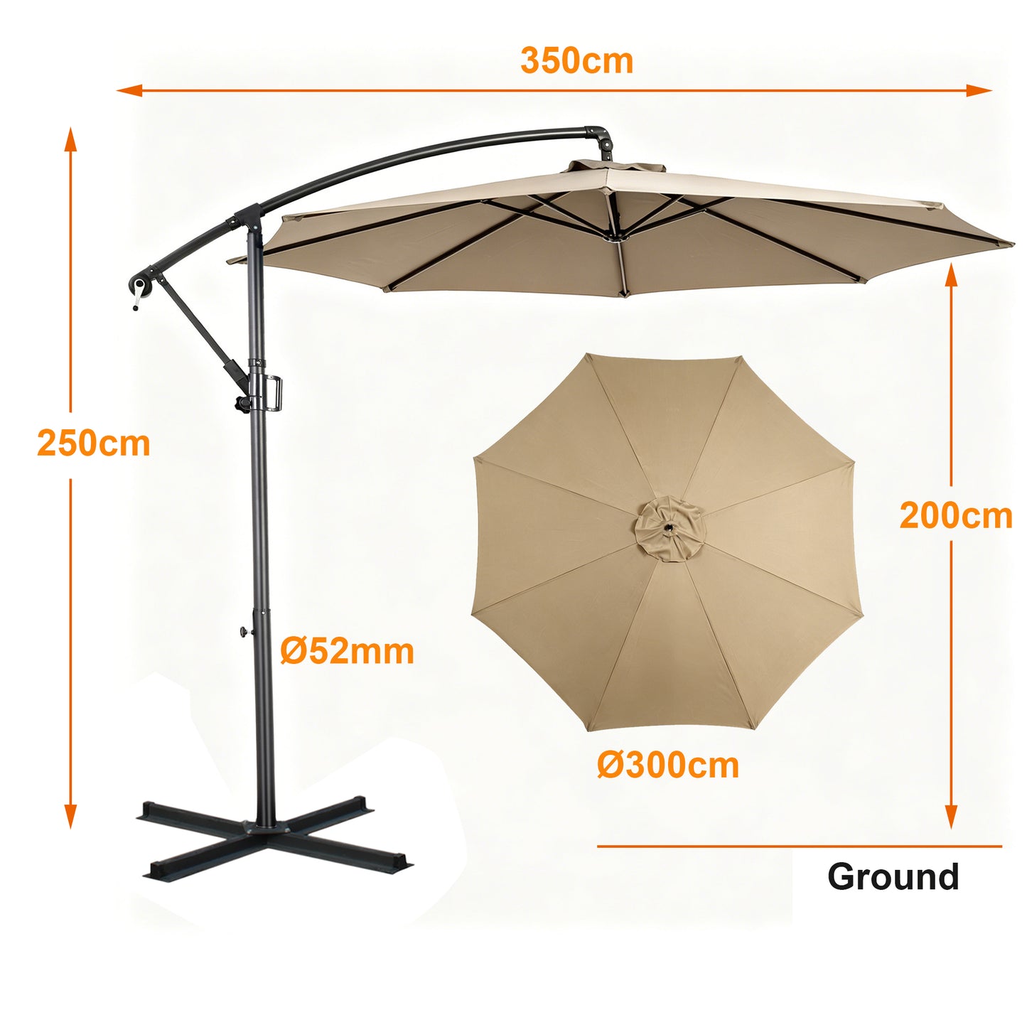 RANSENERS Ampelschirm 300cm mit Schirmständer, Sonnenschirm mit Stabiler Rahmen und 8-Rippen, UV 50+ für Garten, Terrasse, Kaffeehaus im Freien, Khaki