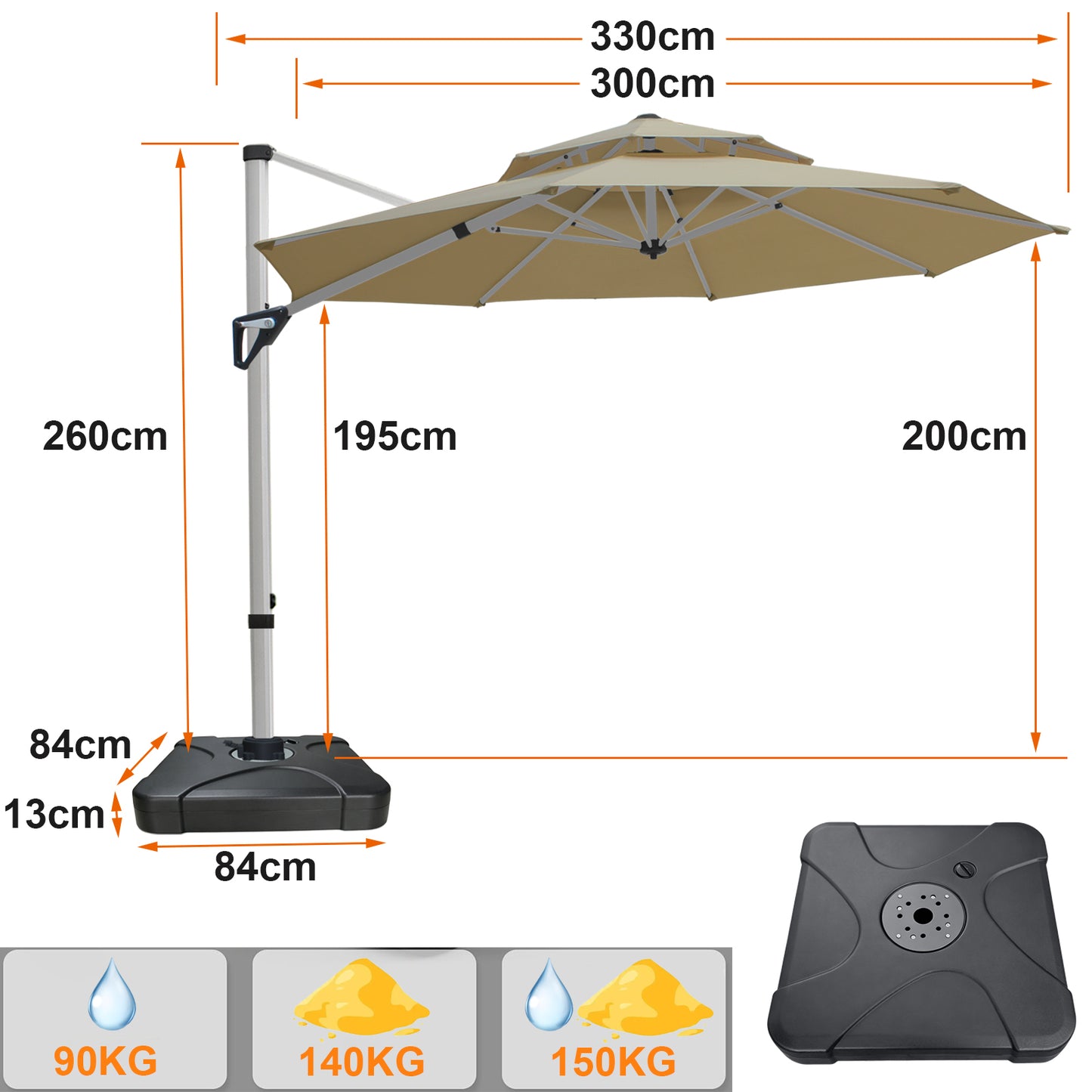 RANSENERS Ampelschirm 300 cm, mit Schirmständer, Doppelter Baldachin, Drehbar 360°, Neigbar 0°-90°, Aluminium Rahmen, Extra-Dicker Gewebe, UV50+, für Garten, Terrasse, Cafe im Freien