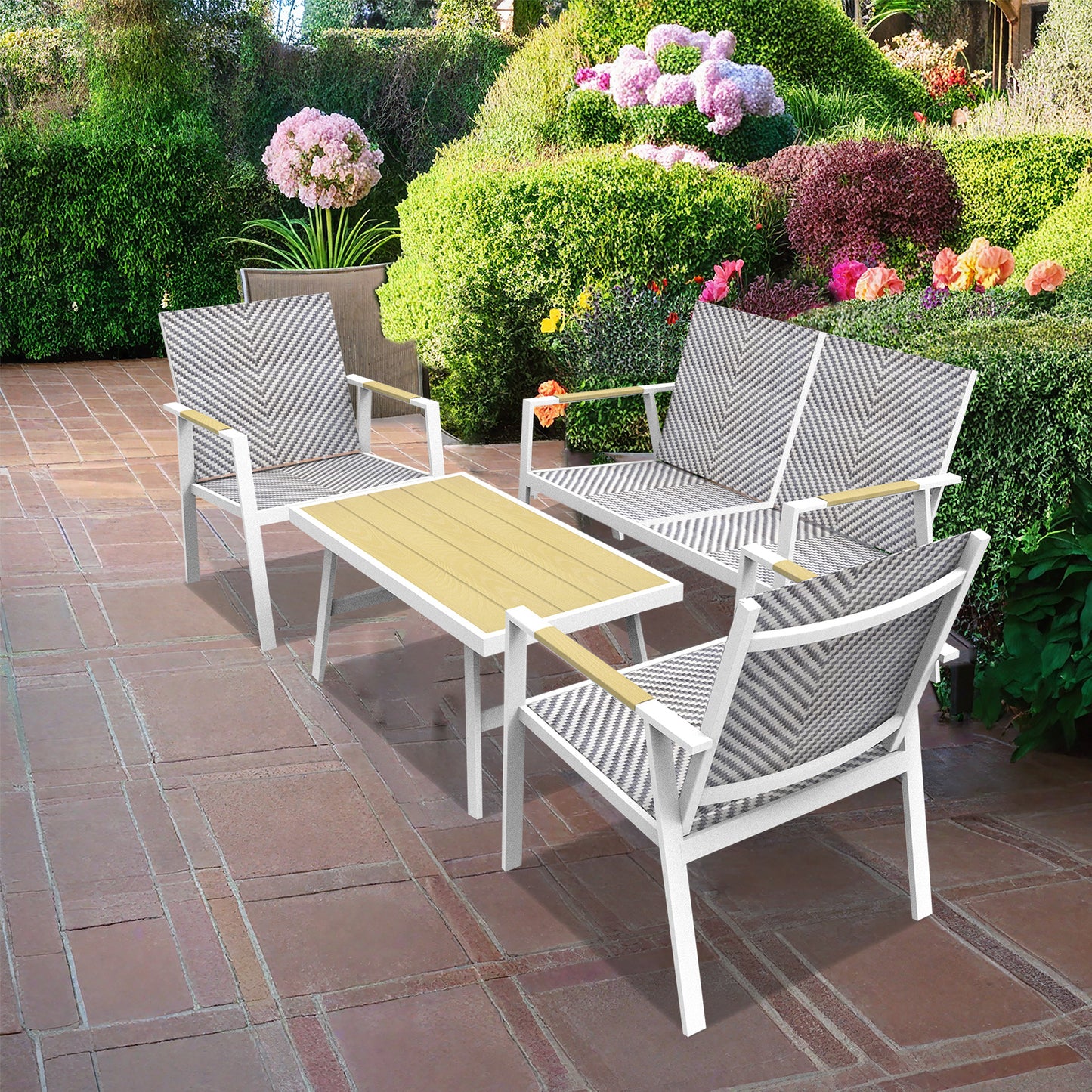 RANSENERS Premium 4tlg-Set Gartenmöbelset mit Vollemaluminium Rahmen und Polyrattan Sitzfläche für Garten Terrasse und Balkon (Weiß)
