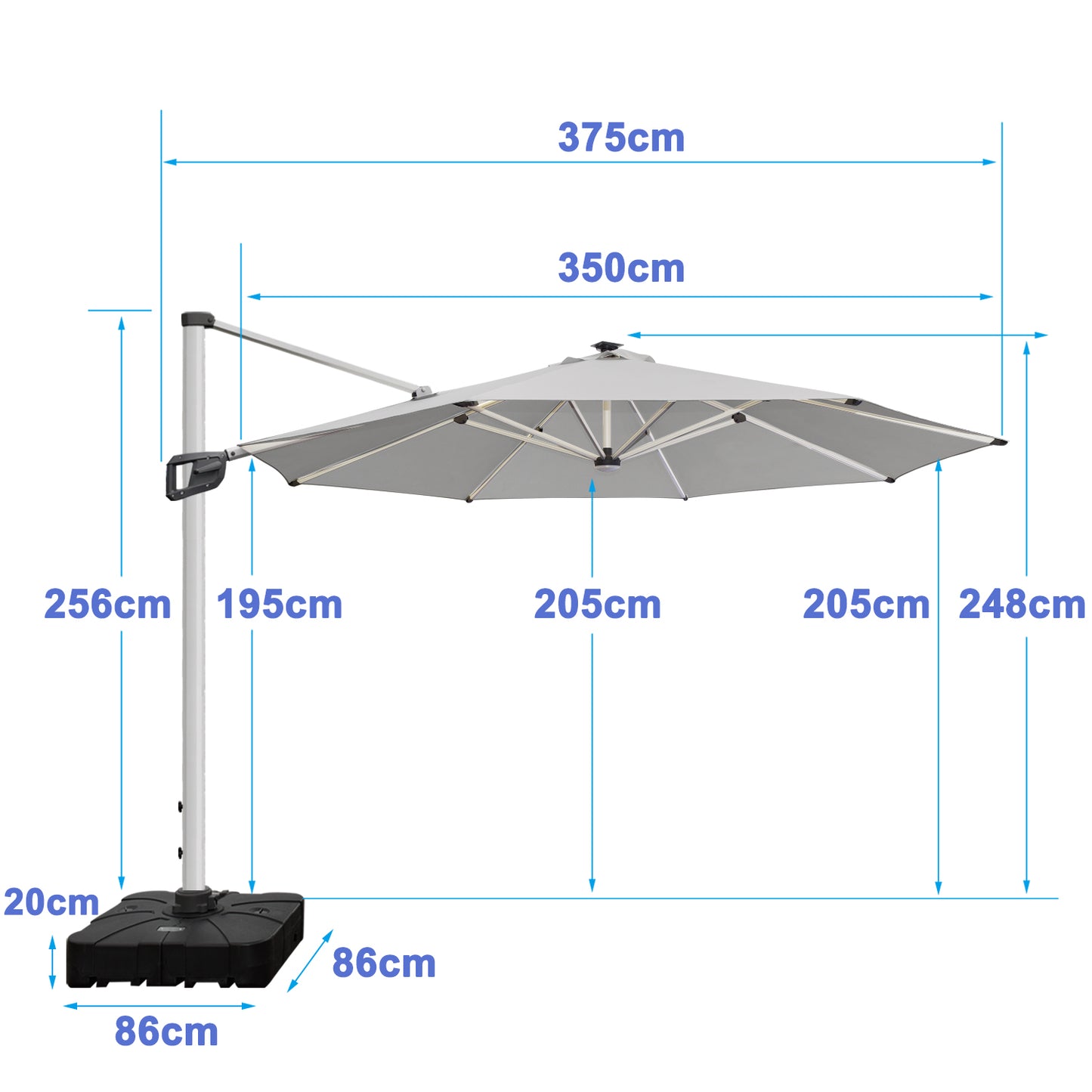 RANSENERS Premium Ampelschirm mit Solar-LED Ø350cm - Sonnenschirm mit Schirmständer - 360° Drehbar - UV50+ Stoff Schützen Sie sich vor Sonnenstrahlen im Garten
