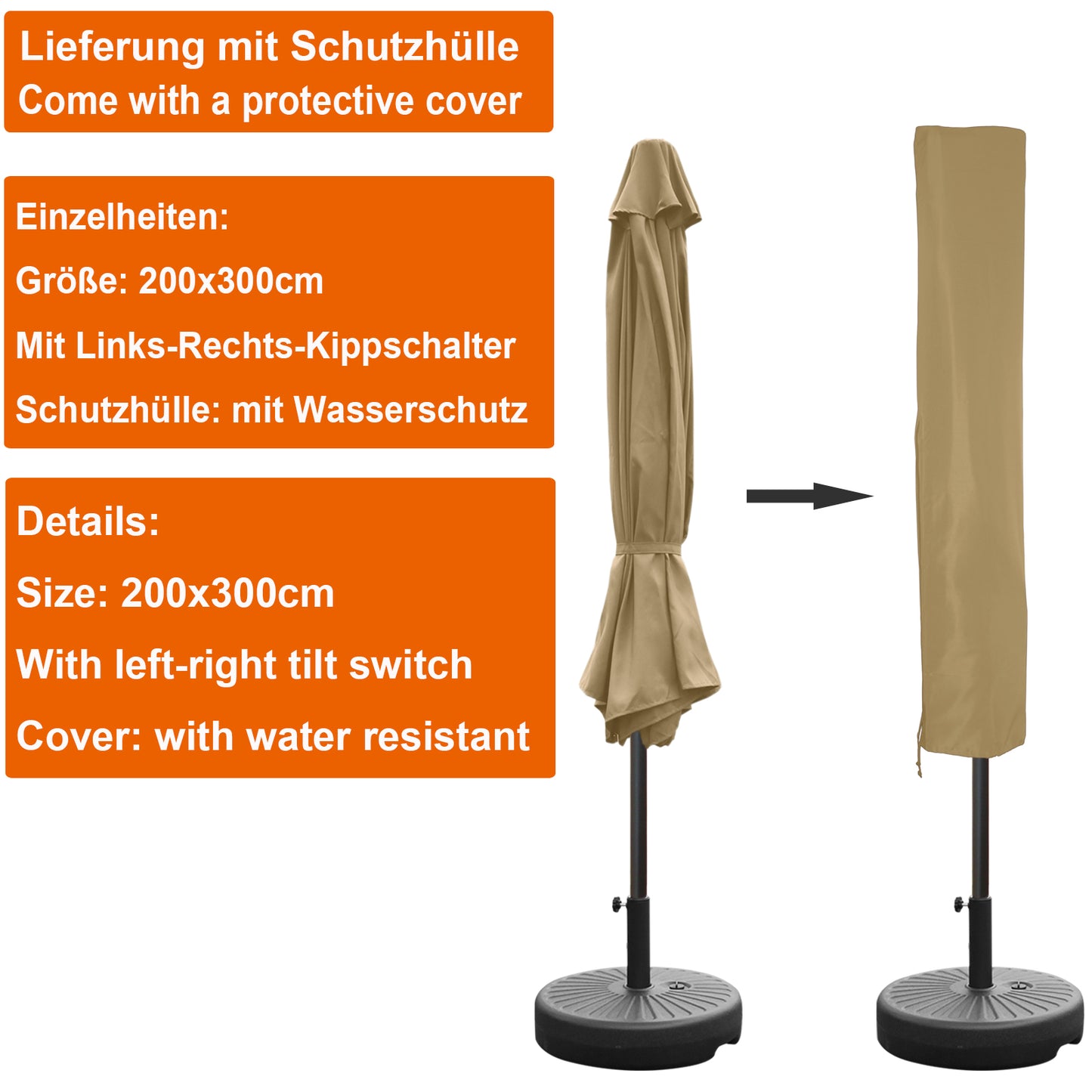 RANSENERS Kippbarer Sonnenschirm Rechteckig 200 x 300 cm mit Schirmständer, Schutzhülle Inklusive, Verstärkter Rahmen, 200g/㎡ Gewebe mit UV50+ für Garten, Terrasse, Kaffeehaus im Freien