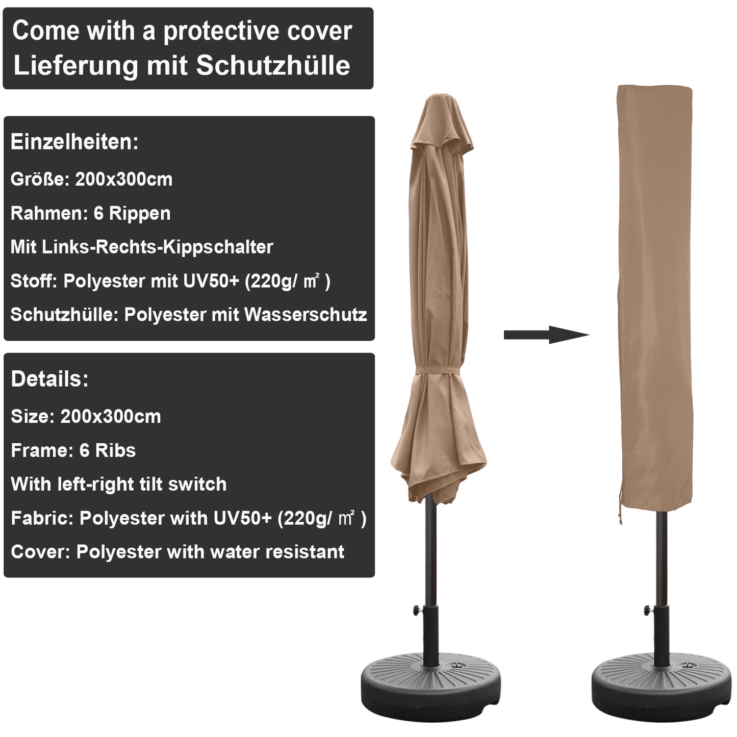 RANSENERS Kippbarer Sonnenschirm, Rechteckig 200 x 300 cm Gartenschirm, UV-Schutz UPF50+ (Beige)
