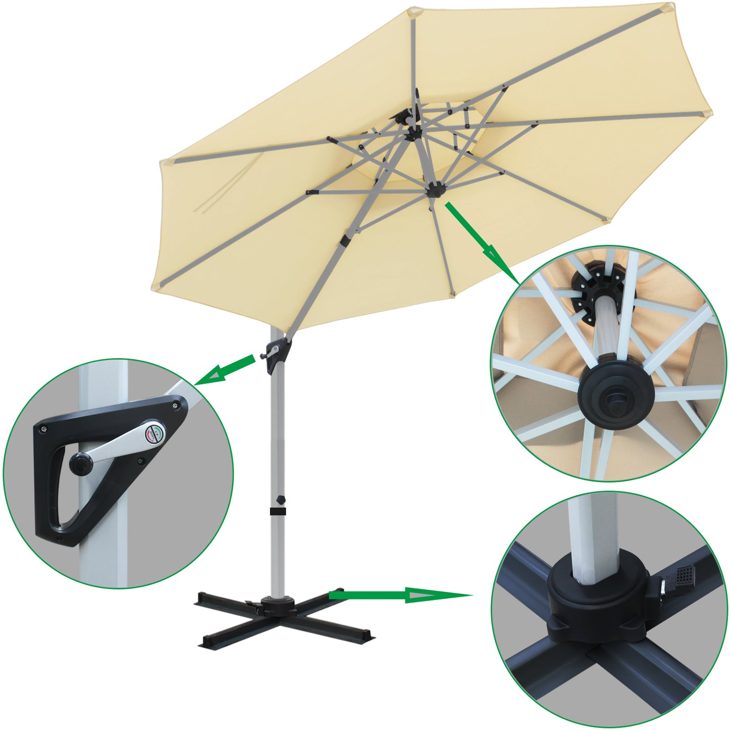 RANSENERS Premium Ampelschirm mit Kreuzfuß, Rund Ø 300cm, mit 360° Drehbar, UV-Schutz UPF50+ (Creme)