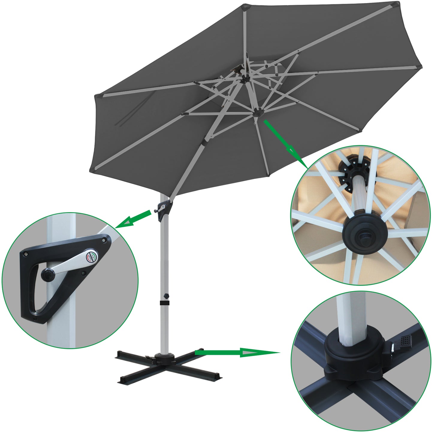 RANSENERS Premium Ampelschirm mit Kreuzfuß, Rund Ø 300cm, mit 360° Drehbar, UV-Schutz UPF50+ (Grau)