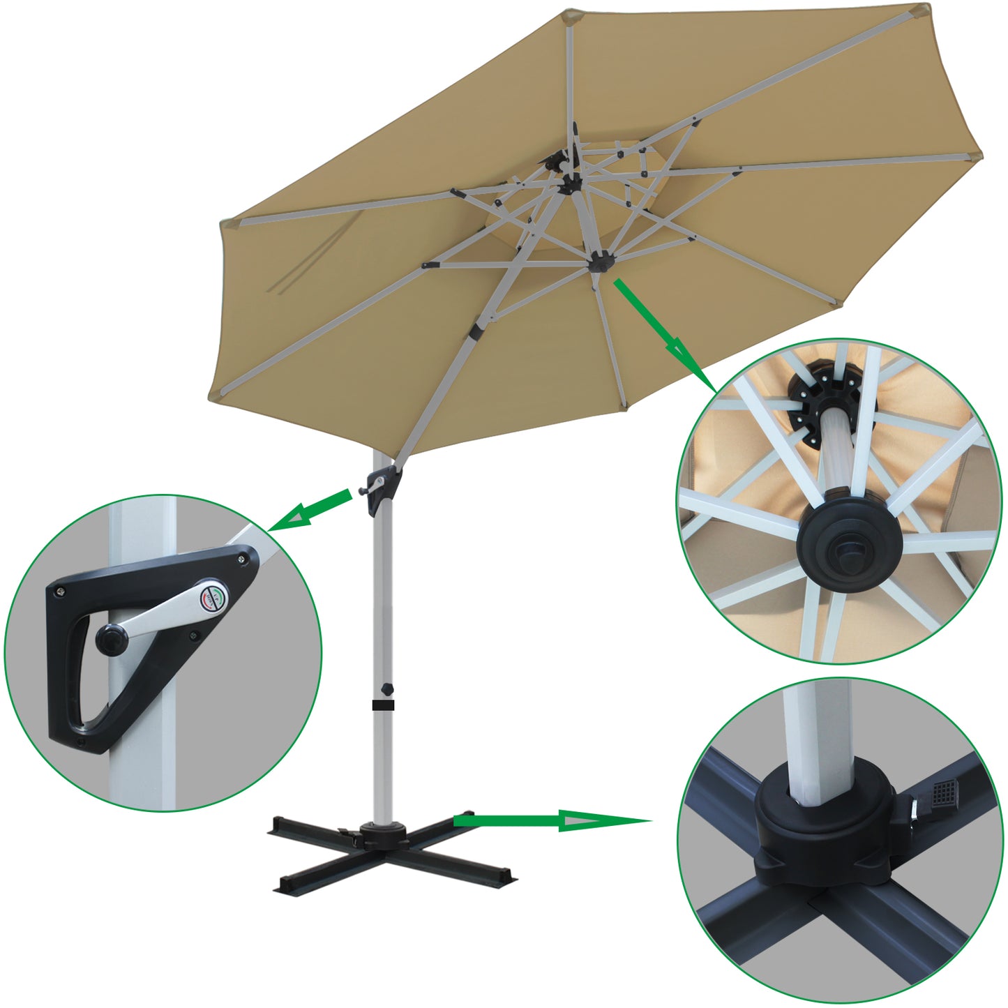 RANSENERS Premium Ampelschirm mit Kreuzfuß, Rund Ø 300cm, mit 360° Drehbar, UV-Schutz UPF50+ (Beige)