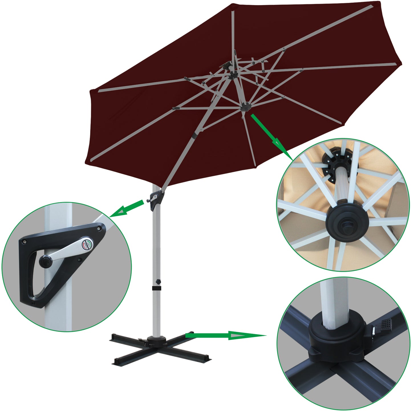 RANSENERS Premium Ampelschirm mit Kreuzfuß, Rund Ø 300cm, mit 360° Drehbar, UV-Schutz UPF50+ (Rotwein)