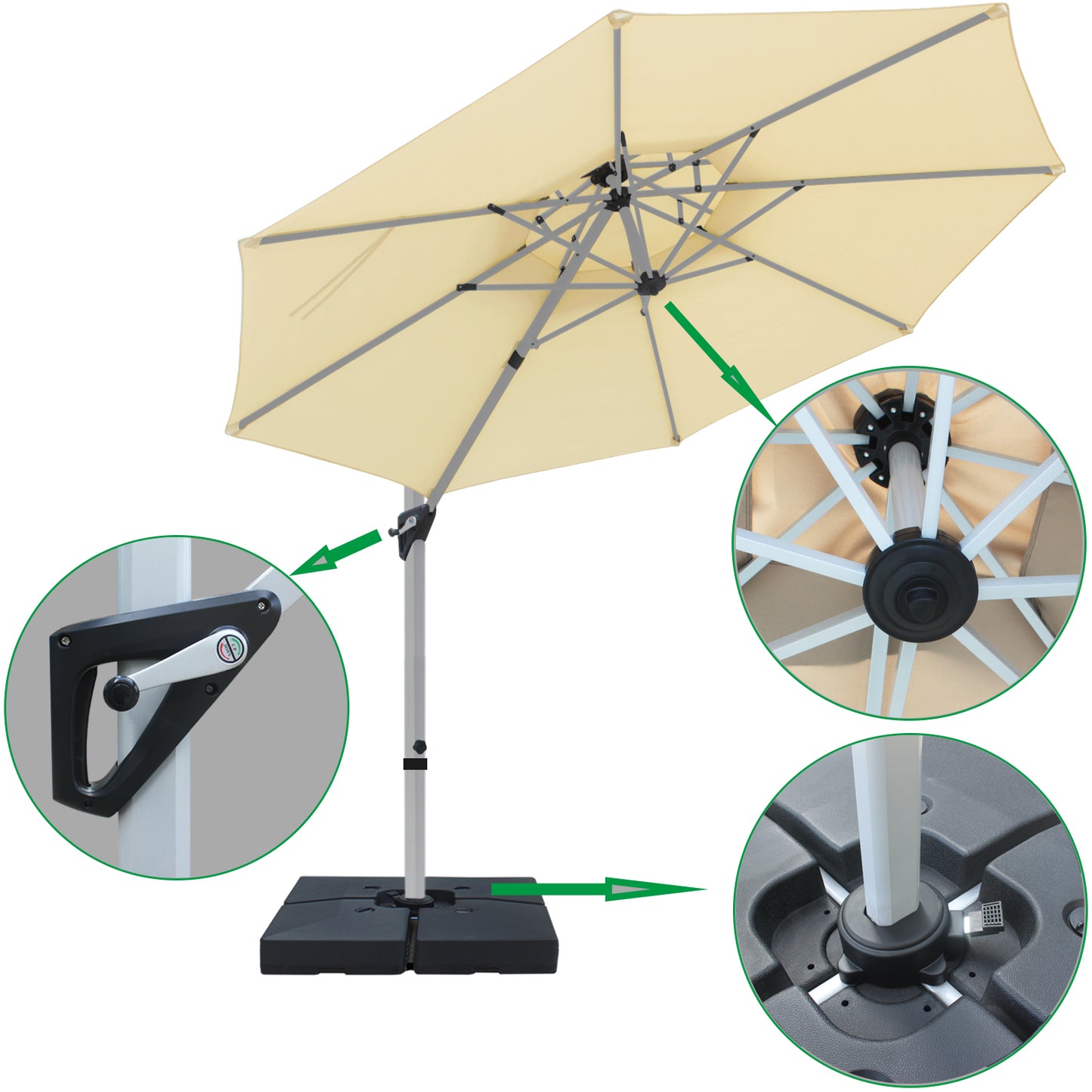 RANSENERS Premium Ampelschirm mit Schirmständer, Rund Ø 300cm, mit 360° Drehbar, UV-Schutz UPF50+ (Creme)