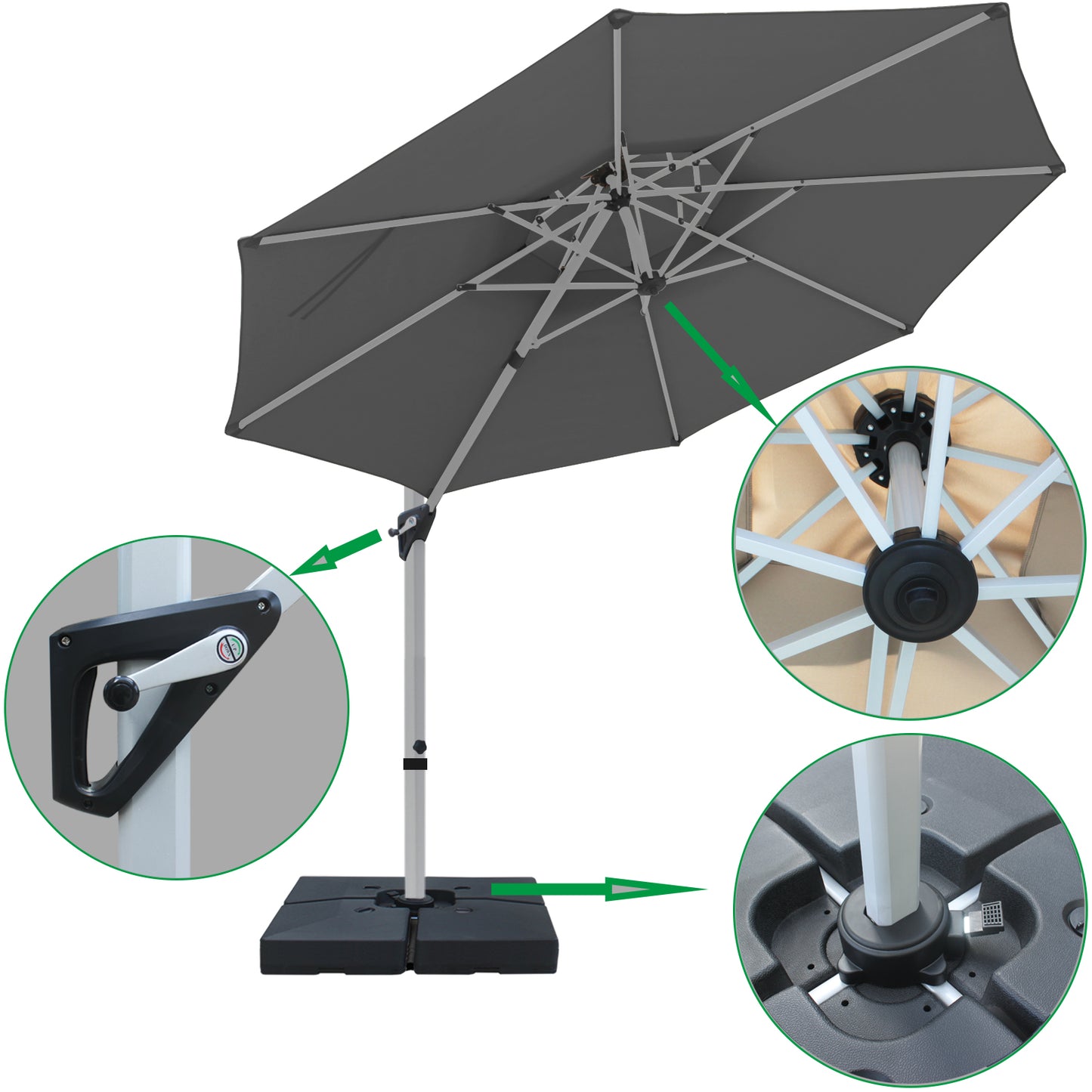 RANSENERS Premium Ampelschirm mit Schirmständer, Rund Ø 300cm, mit 360° Drehbar, UV-Schutz UPF50+ (Grau)