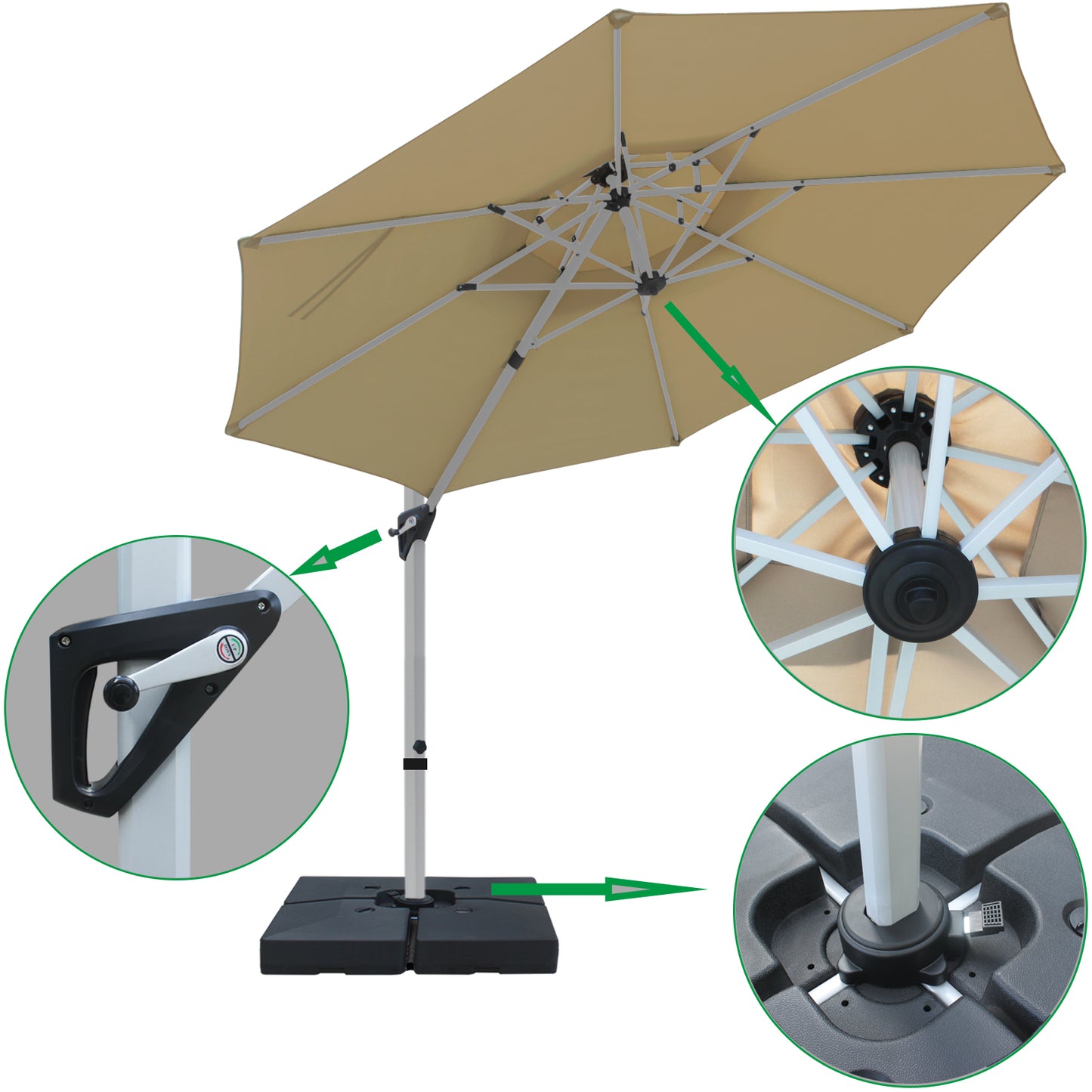 RANSENERS Premium Ampelschirm mit Schirmständer, Rund Ø 300cm, mit 360° Drehbar, UV-Schutz UPF50+ (Beige)