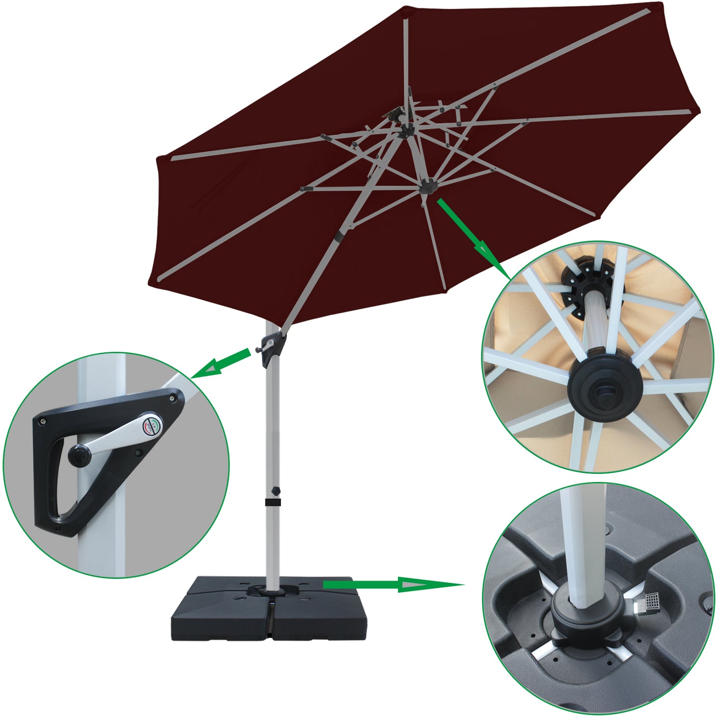 RANSENERS Premium Ampelschirm mit Schirmständer, Rund Ø 300cm, mit 360° Drehbar, UV-Schutz UPF50+ (Rotwein)