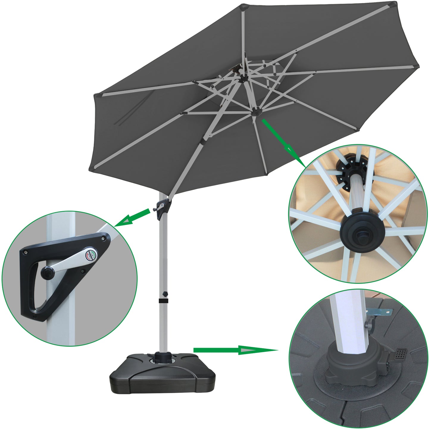 RANSENERS Ampelschirm 300 cm, mit Schirmständer, Doppelter Baldachin, Drehbar 360°, Neigbar 0°-90°, Aluminium Rahmen, Extra-Dicker Gewebe, UV50+, für Garten, Terrasse, Cafe im Freien