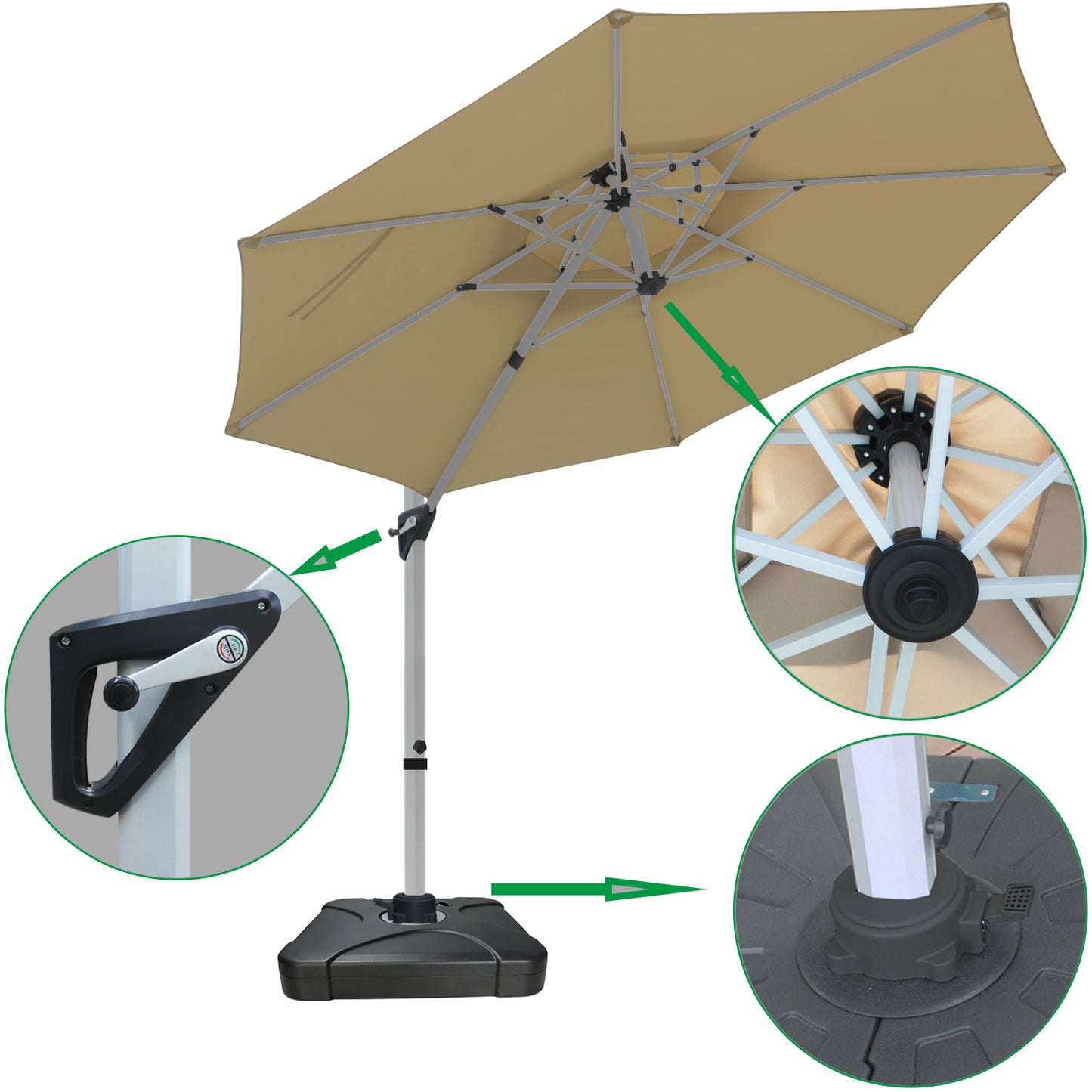 RANSENERS Ampelschirm 300 cm, mit Schirmständer, Doppelter Baldachin, Drehbar 360°, Neigbar 0°-90°, Aluminium Rahmen, Extra-Dicker Gewebe, UV50+, für Garten, Terrasse, Cafe im Freien