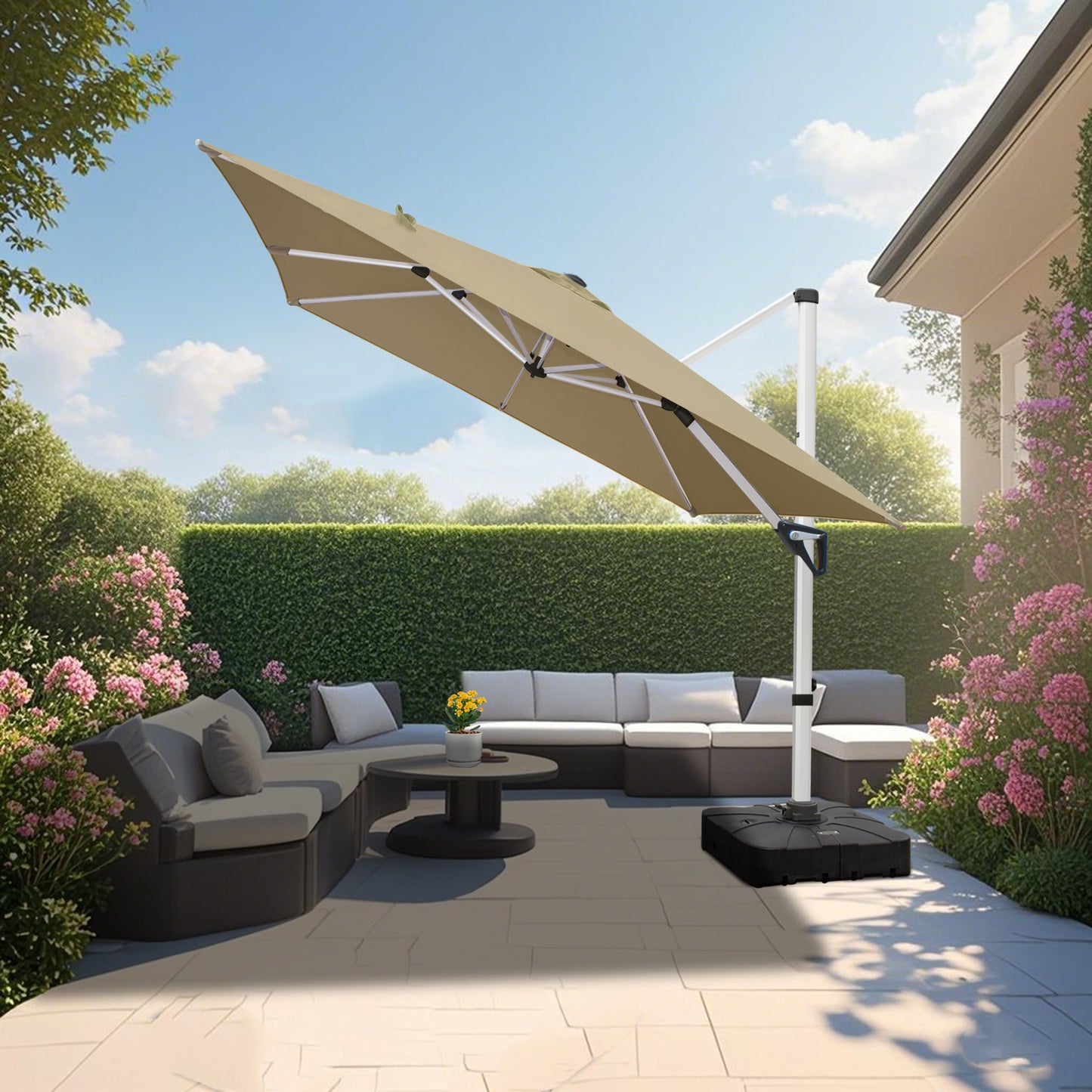 RANSENERS Premium Ampelschirm 270 x 270 cm mit Schirmständer, Aluminium Rahmen, 360° Drehbar, Neigbar 0°-90°, 240 g/m² Extra-Dicker Gewebe mit UV50+, für Garten, Kaffeehaus im Freien