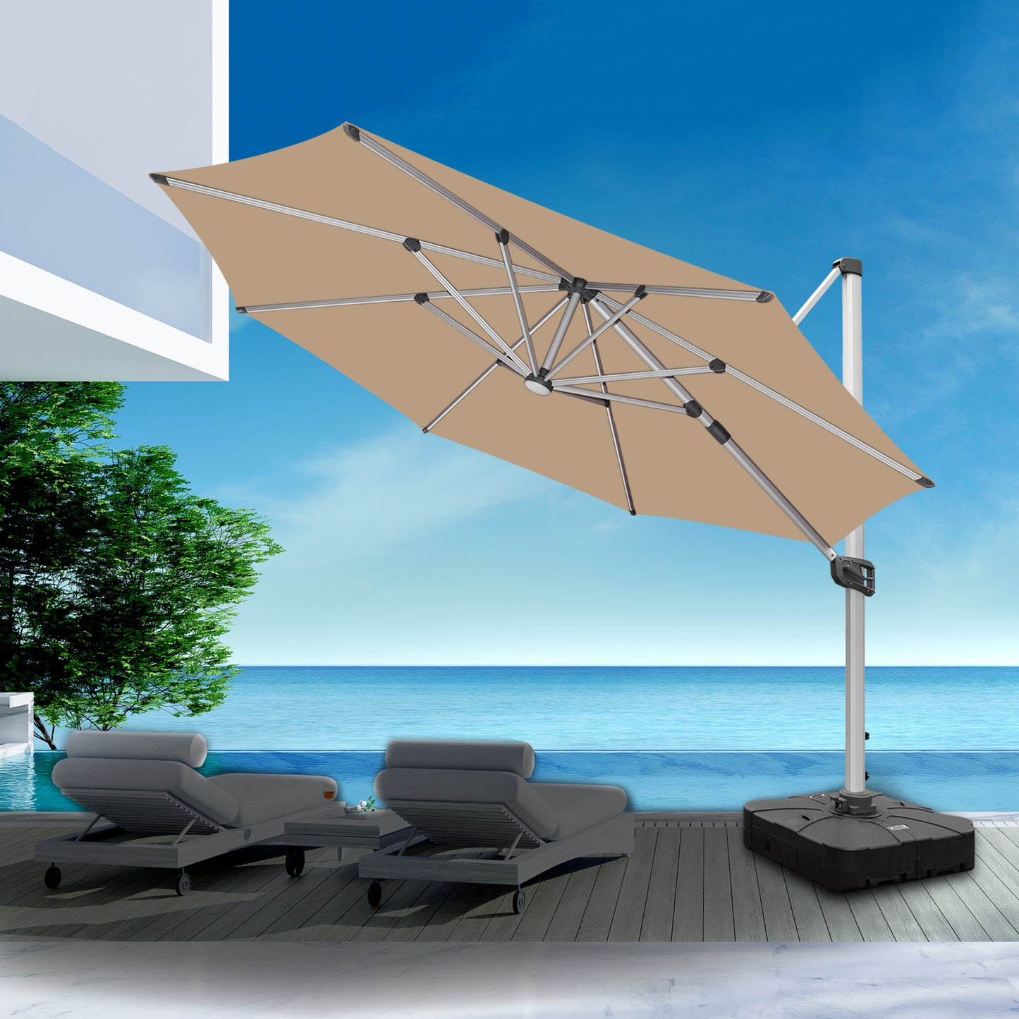RANSENERS Premium Ampelschirm mit Solar-LED Ø350cm - Sonnenschirm mit Schirmständer - 360° Drehbar - UV50+ Stoff Schützen Sie sich vor Sonnenstrahlen im Garten
