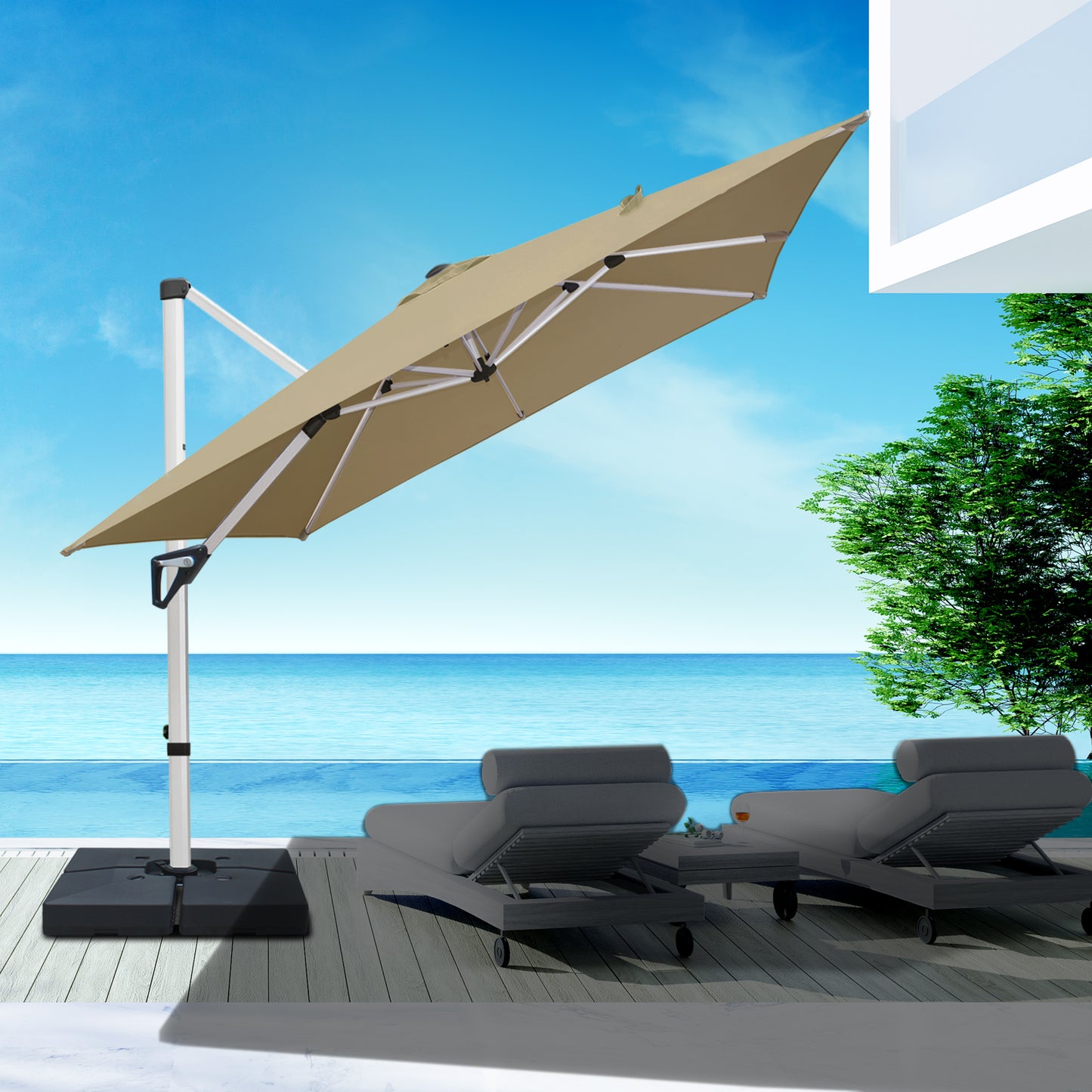 RANSENERS Premium Ampelschirm mit Schirmständer, Quadratisch 270 x 270 cm, mit 360° Drehbar, UV-Schutz UPF50+ (Beige)