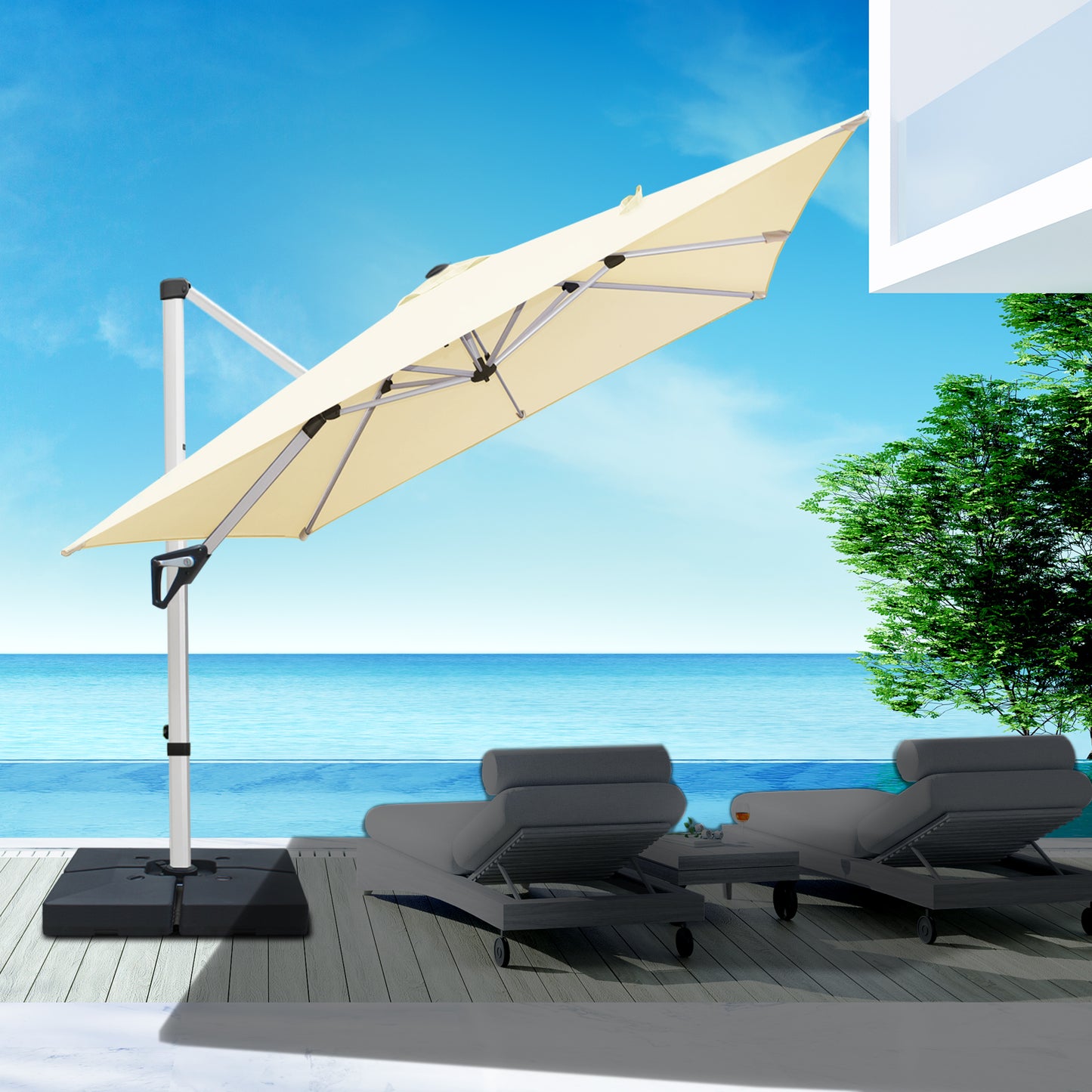 RANSENERS Premium Ampelschirm mit Schirmständer, Quadratisch 270 x 270 cm, mit 360° Drehbar, UV-Schutz UPF50+ (Creme)