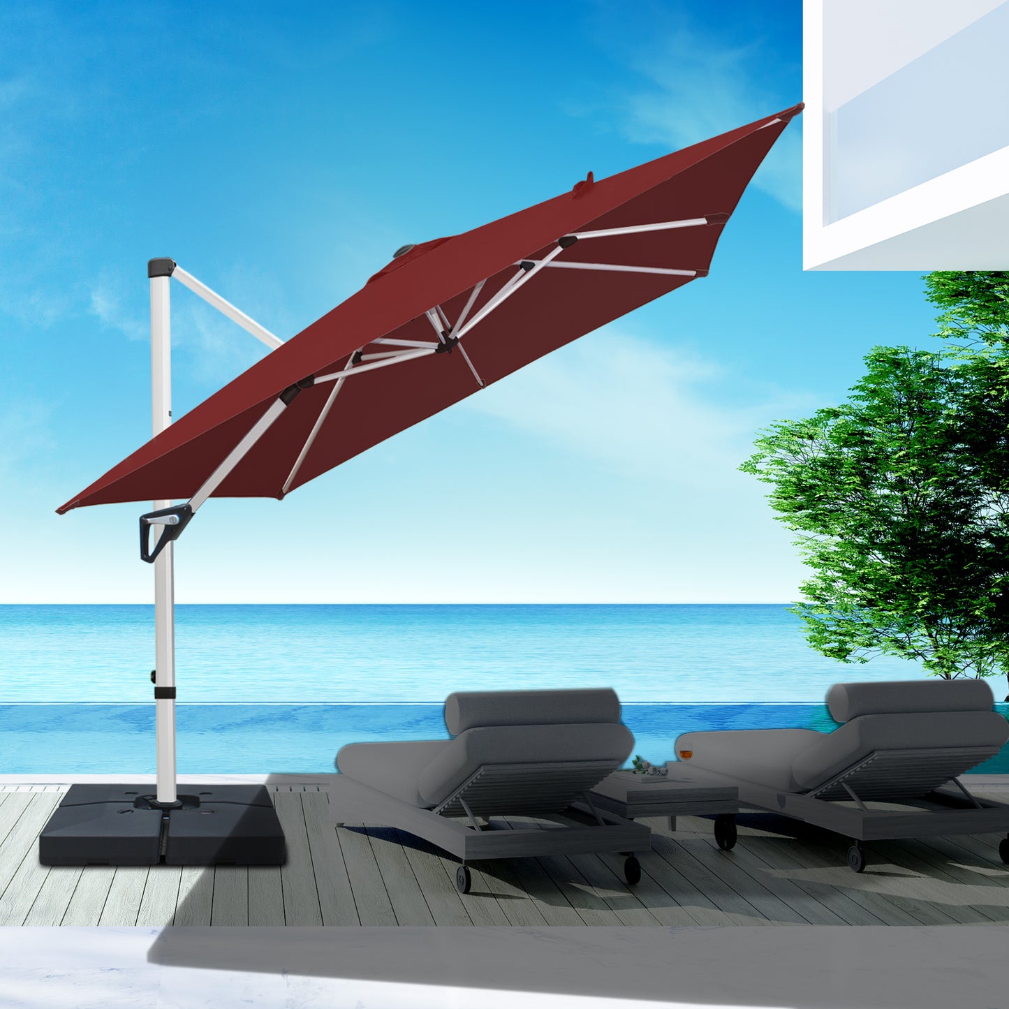 RANSENERS Premium Ampelschirm mit Kreuzfuß, Quadratisch 270 x 270 cm, mit 360° Drehbar, UV-Schutz UPF50+ (Rotwein)