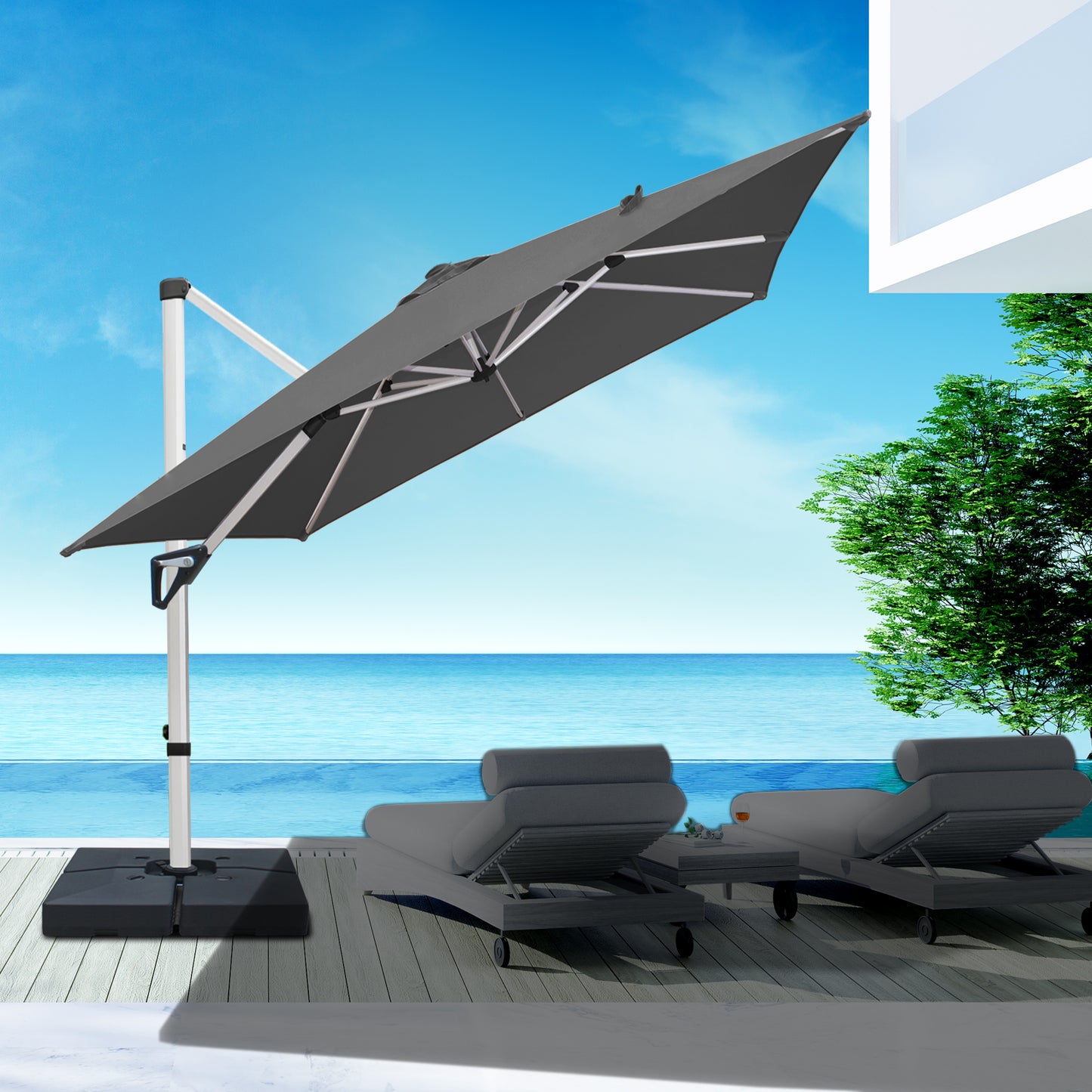 RANSENERS Premium Ampelschirm mit Kreuzfuß, Quadratisch 270 x 270 cm, mit 360° Drehbar, UV-Schutz UPF50+ (Grau)