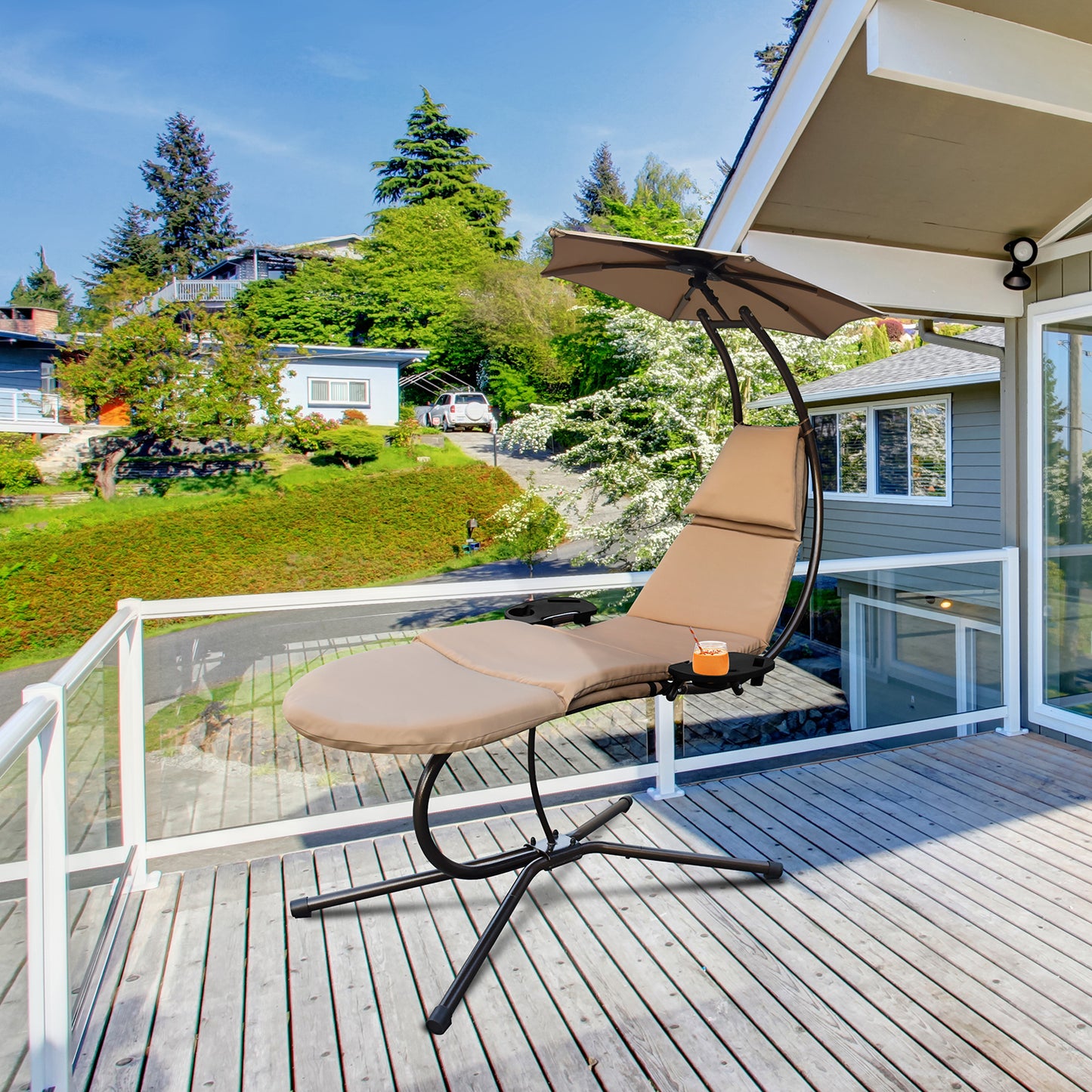 RANSENERS Schwebeliege mit Verstellbarem Sonnendach, Bequeme Schaukelliege pure Entspannung im Garten (Beige)