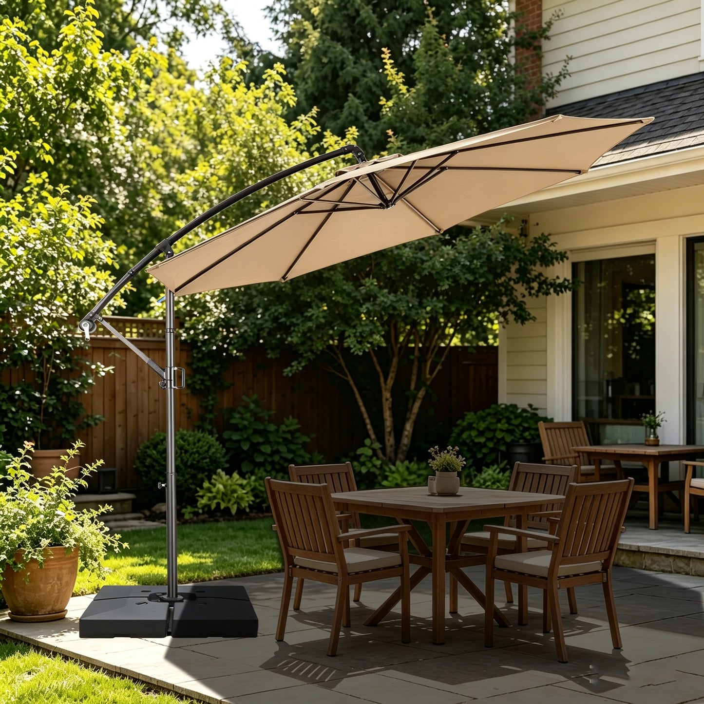 RANSENERS Ampelschirm 300cm mit Schirmständer, Sonnenschirm mit Stabiler Rahmen und 8-Rippen, UV 50+ für Garten, Terrasse, Kaffeehaus im Freien, Khaki