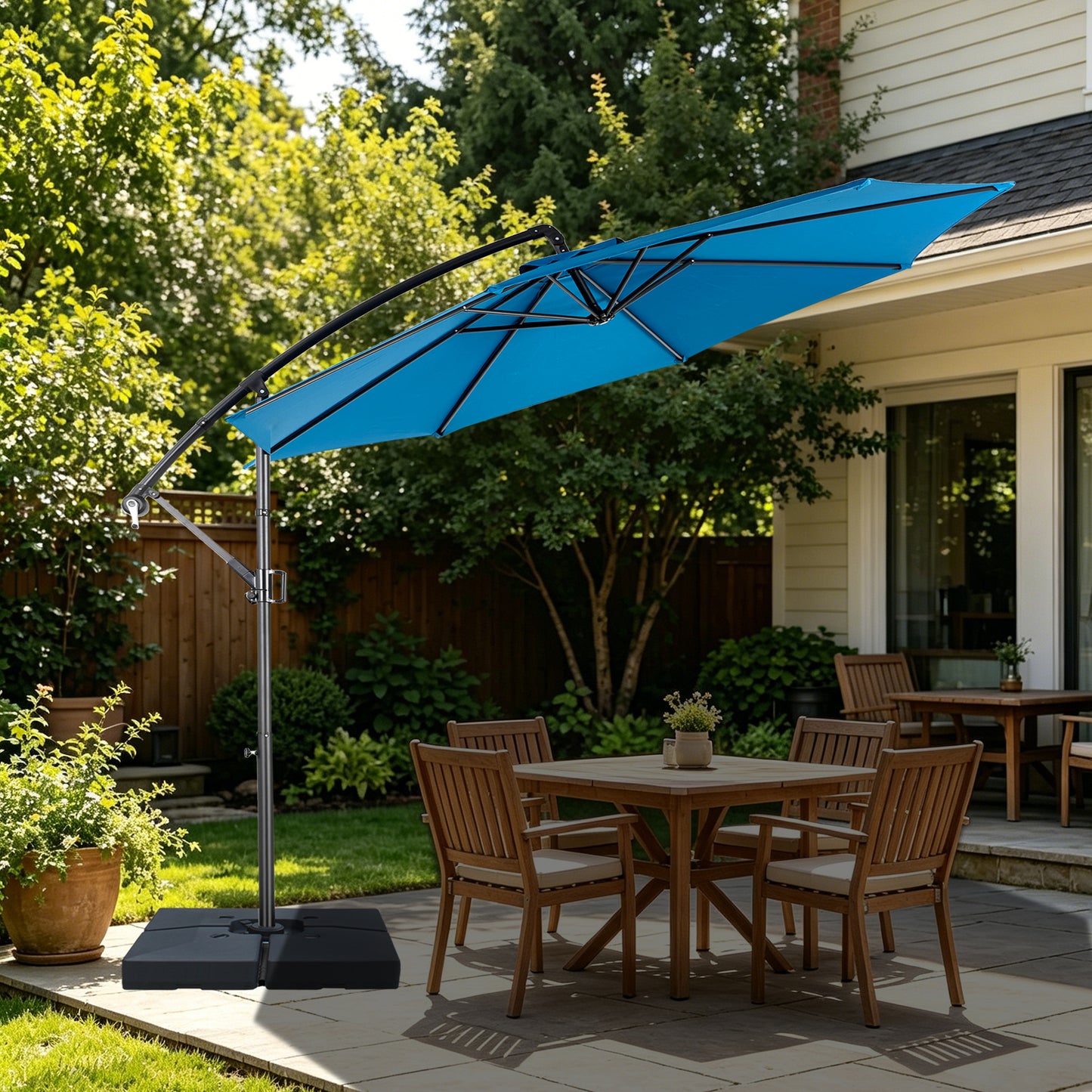 RANSENERS Ampelschirm 300cm mit Schirmständer, Sonnenschirm mit Stabiler Rahmen und 8-Rippen, UV 50+ für Garten, Terrasse, Kaffeehaus im Freien, Dunkelblau