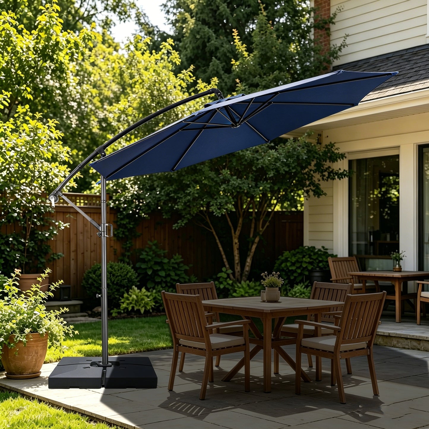 RANSENERS Ampelschirm 300cm mit Schirmständer, Sonnenschirm mit Stabiler Rahmen und 8-Rippen, UV 50+ für Garten, Terrasse, Kaffeehaus im Freien, Blau