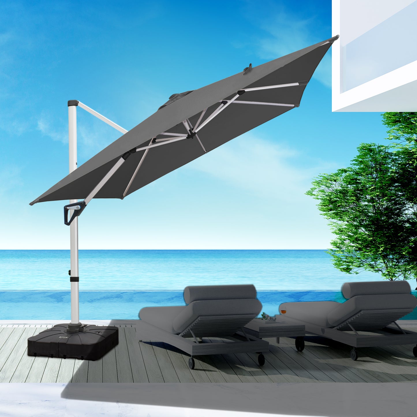 RANSENERS Premium Ampelschirm 270 x 270 cm mit Schirmständer, Aluminium Rahmen, 360° Drehbar, Neigbar 0°-90°, 240 g/m² Extra-Dicker Gewebe mit UV50+, für Garten, Kaffeehaus im Freien