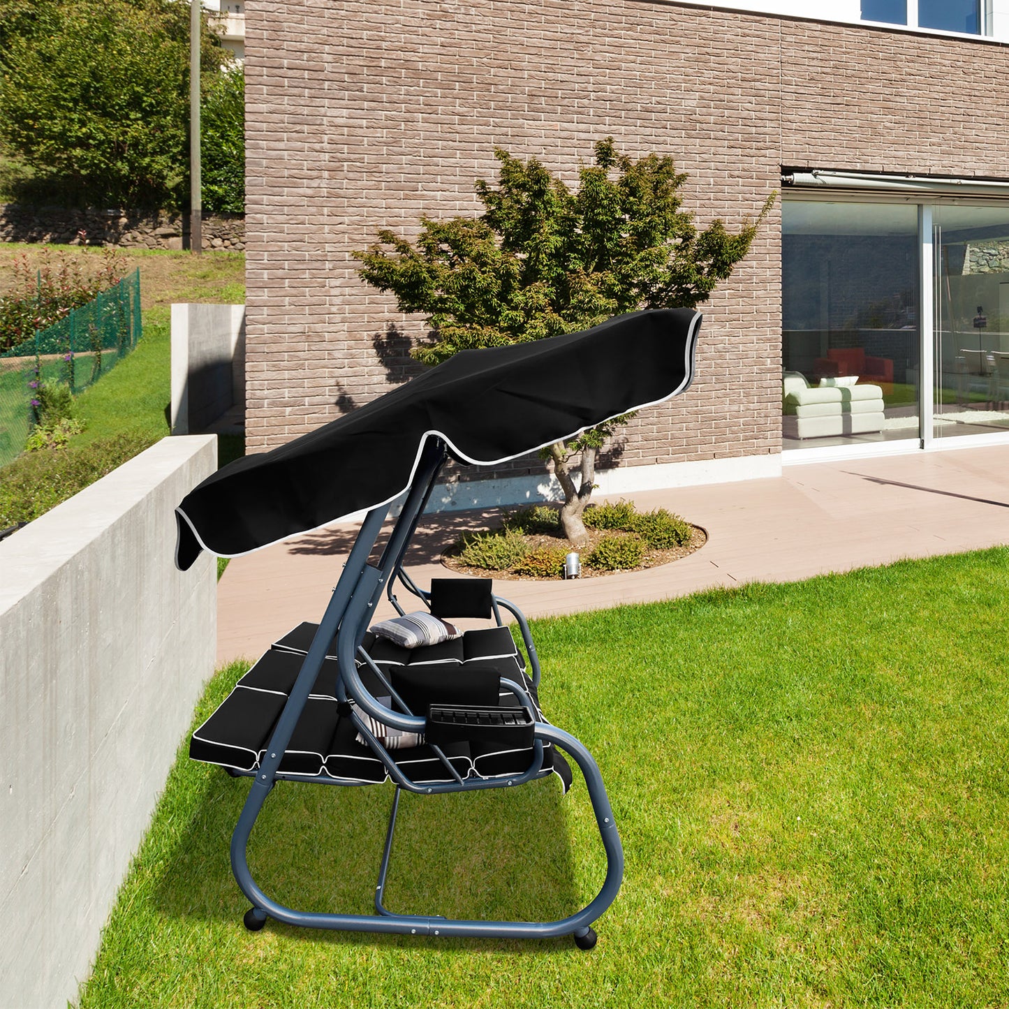 RANSENER Luxus 3-Sitzer Hollywookschaukel mit Liegefunktion und Verstellbarem Sonnendach, Premium Gartenschaukel Entspannung pur im Garten und Terrasse