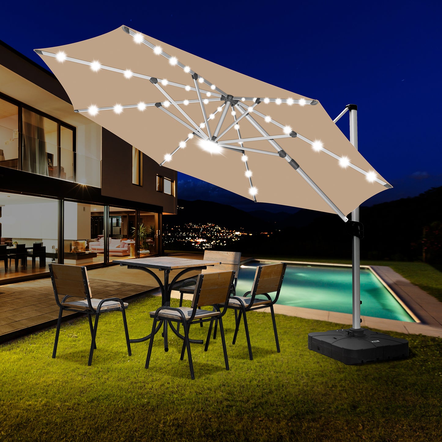 RANSENERS Premium Ampelschirm mit Solar-LED Ø350cm - Sonnenschirm mit Schirmständer - 360° Drehbar - UV50+ Stoff Schützen Sie sich vor Sonnenstrahlen im Garten