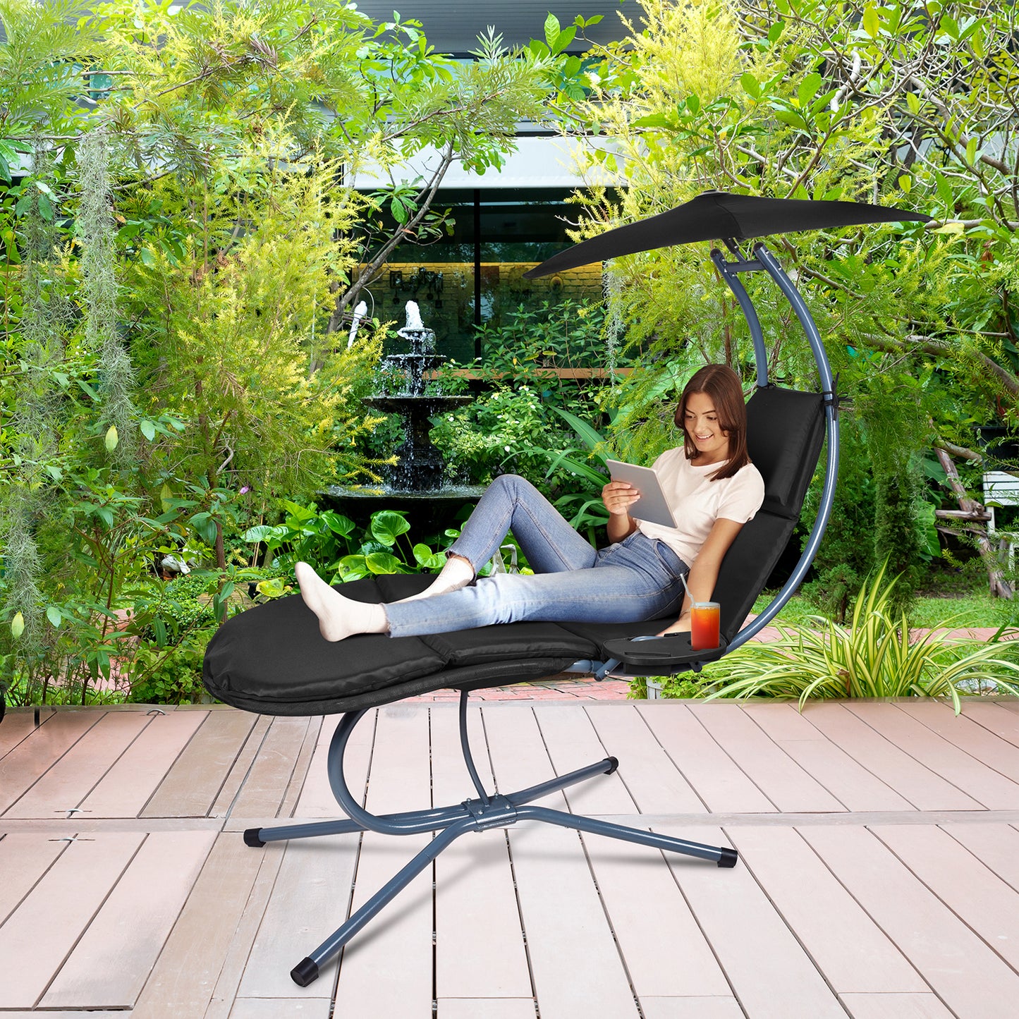 RANSENERS Schwebeliege mit Verstellbarem Sonnendach, Bequeme Schaukelliege pure Entspannung im Garten (Schwarz)